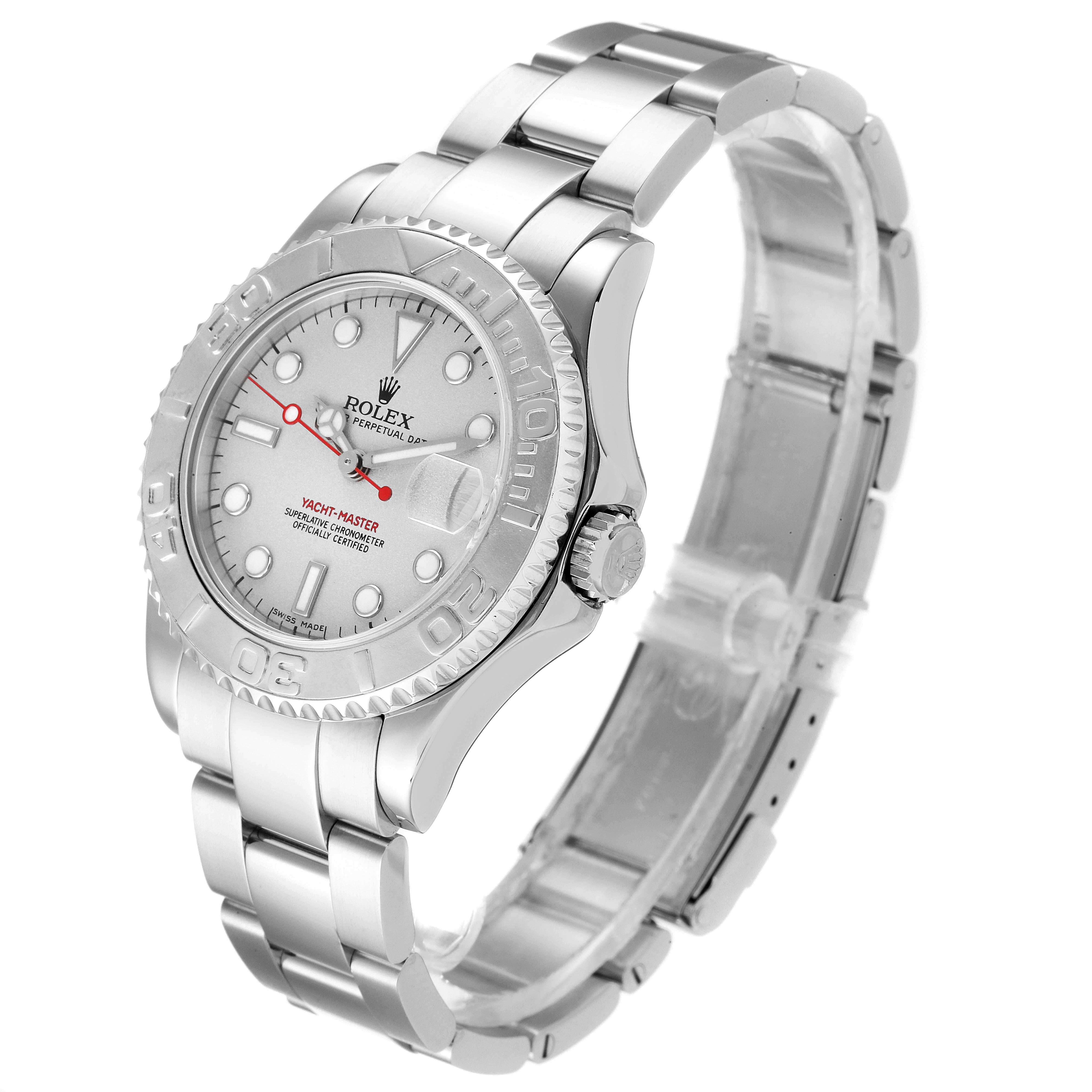 The Rolex Yacht-Master 168622 Men's Stainless Steel Silver Dial 168622 Men's Stainless Steel Silver Dial watch is shown from an angled side view, highlighting the face, bezel, and part of the bracelet.