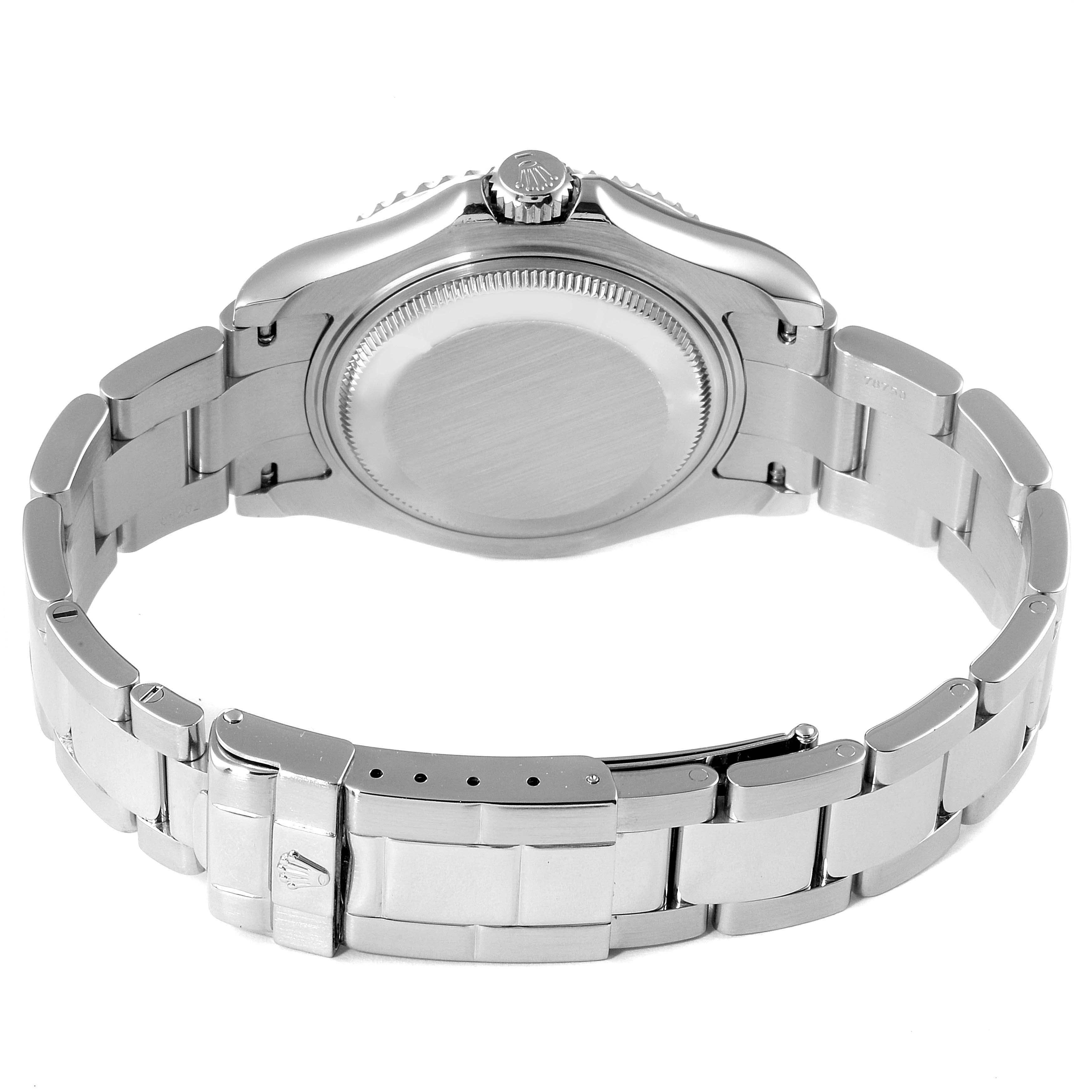 This image shows the back case, crown, and bracelet of a Rolex Yacht-Master 168622 Men's Stainless Steel Silver Dial 168622 Men's Stainless Steel Silver Dial watch from a rear angle.