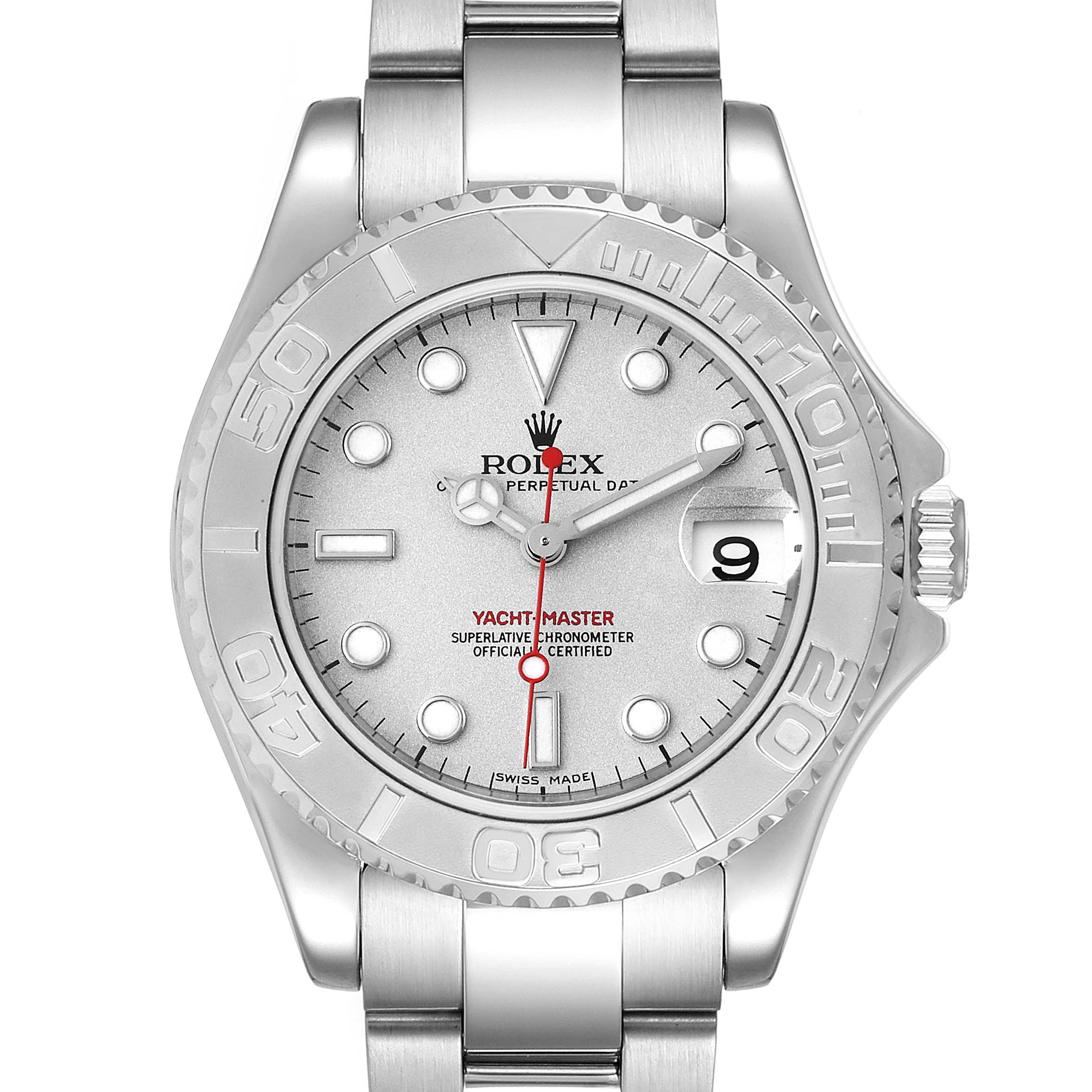 The Rolex Yacht-Master 168622 Men's Stainless Steel Silver Dial 168622 Men's Stainless Steel Silver Dial watch is shown from a top-down angle, displaying the face, bezel, hands, date window, and bracelet.