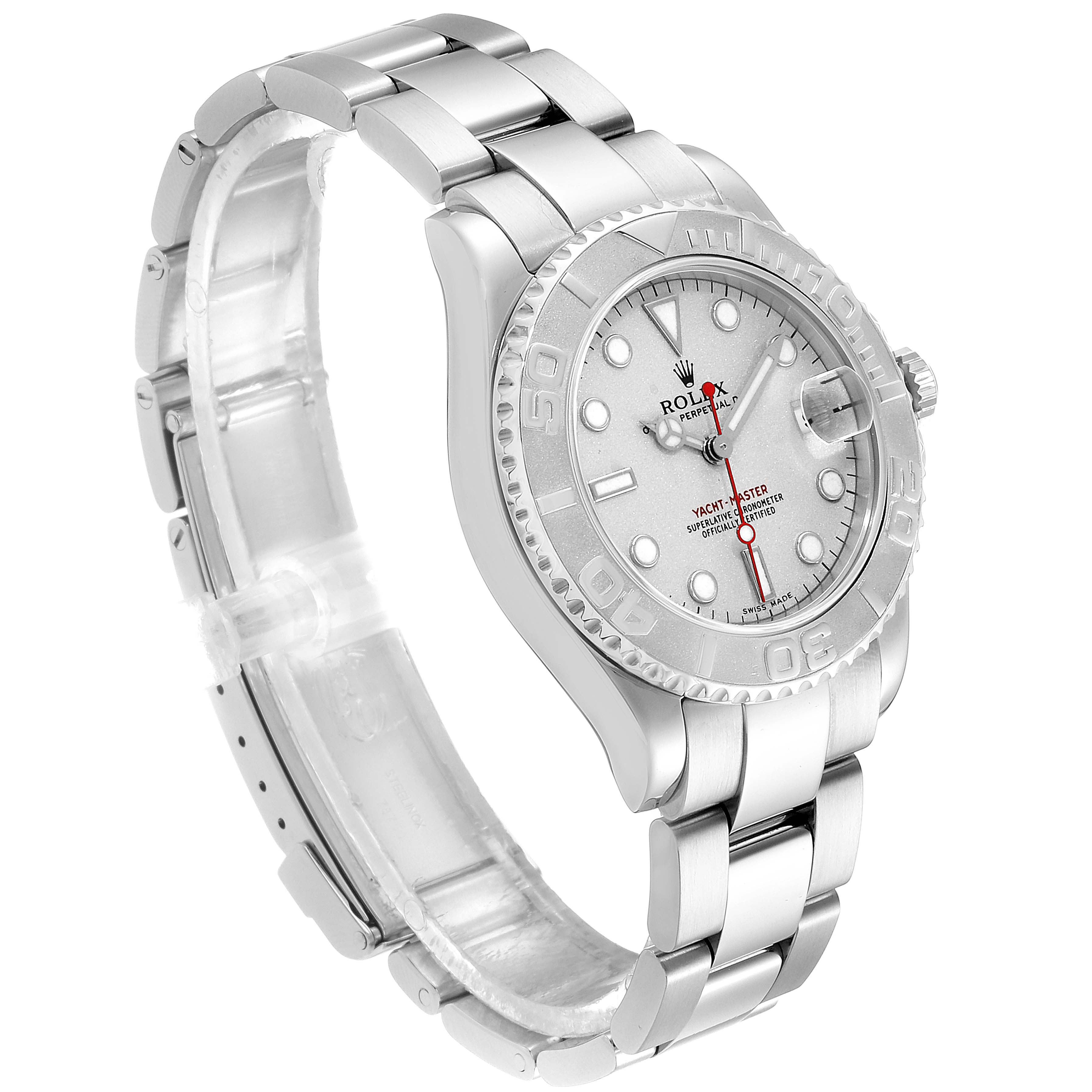 The image shows a Rolex Yacht-Master 168622 Men
s Stainless Steel Silver Dial 168622 Men
s Stainless Steel Silver Dial watch at a three-quarter angle, highlighting the face, bezel, and bracelet.