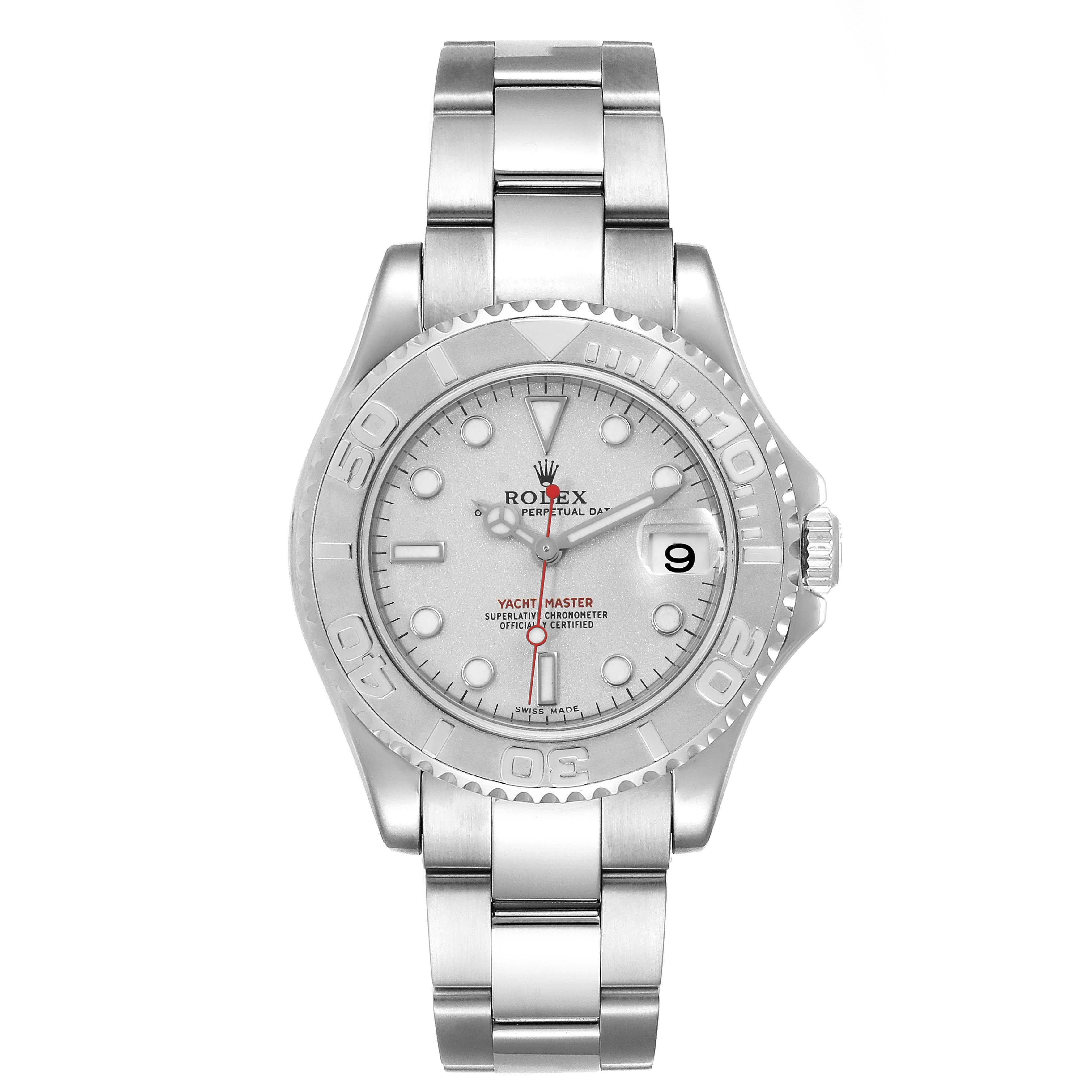 The image shows a front view of a Rolex Yacht-Master 168622 Men
s Stainless Steel Silver Dial 168622 Men
s Stainless Steel Silver Dial watch, featuring its bezel, dial, bracelet, and crown.