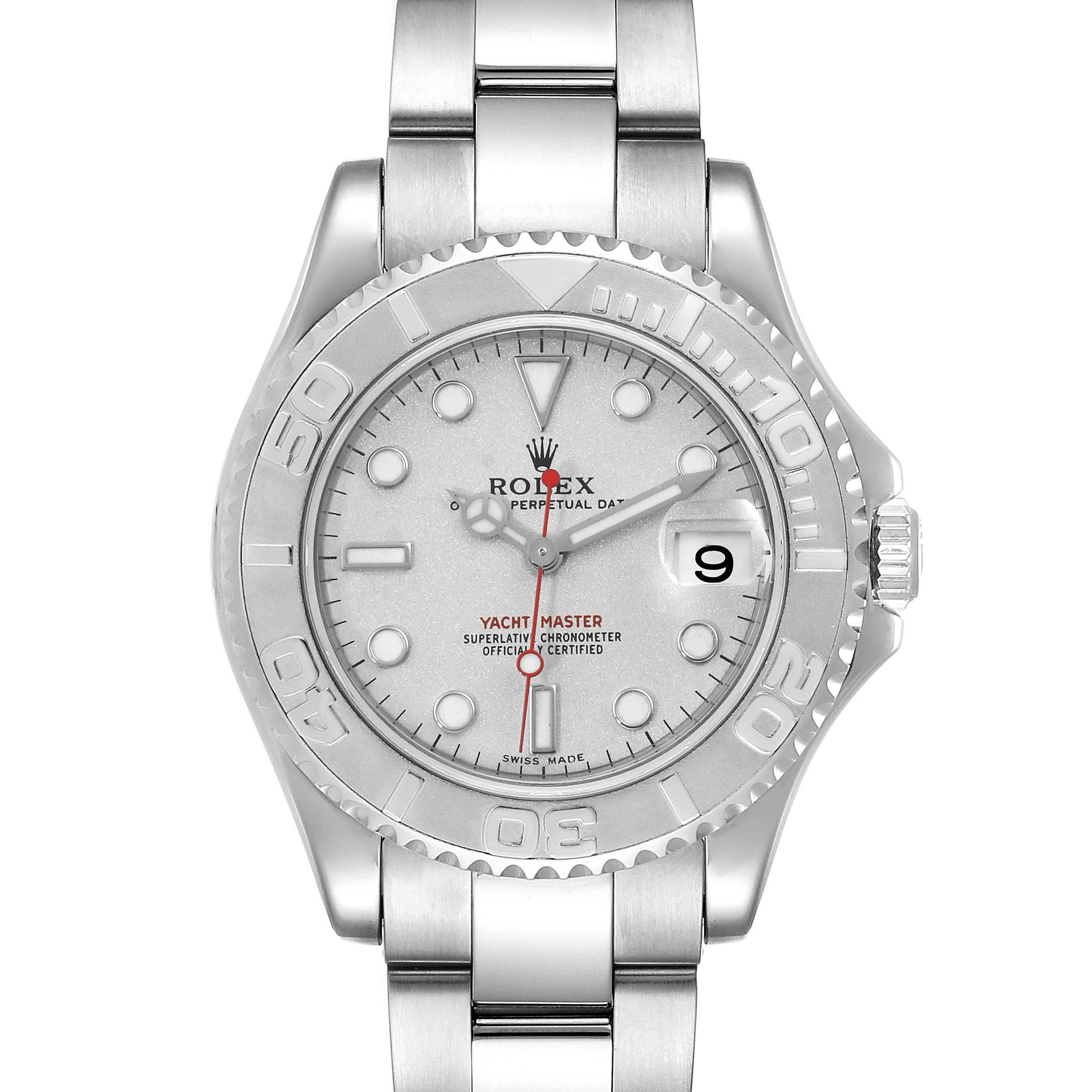 The image shows a front view of a Rolex Yacht-Master 168622 Men
s Stainless Steel Silver Dial 168622 Men
s Stainless Steel Silver Dial watch, displaying its face, bezel, and metal bracelet.
