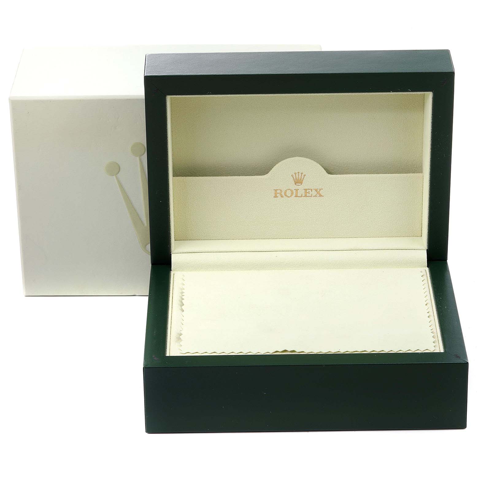 The image shows an open Rolex Yacht-Master 168622 Men
s Stainless Steel Silver Dial 168622 Men
s Stainless Steel Silver Dial watch box with its interior and cleaning cloth visible.