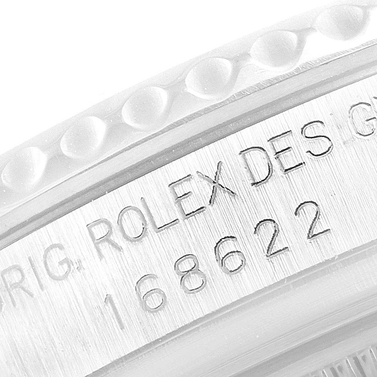 The image shows a close-up of the side engraving on a Rolex Yacht-Master 168622 Men
s Stainless Steel Silver Dial 168622 Men
s Stainless Steel Silver Dial watch model 168622.
