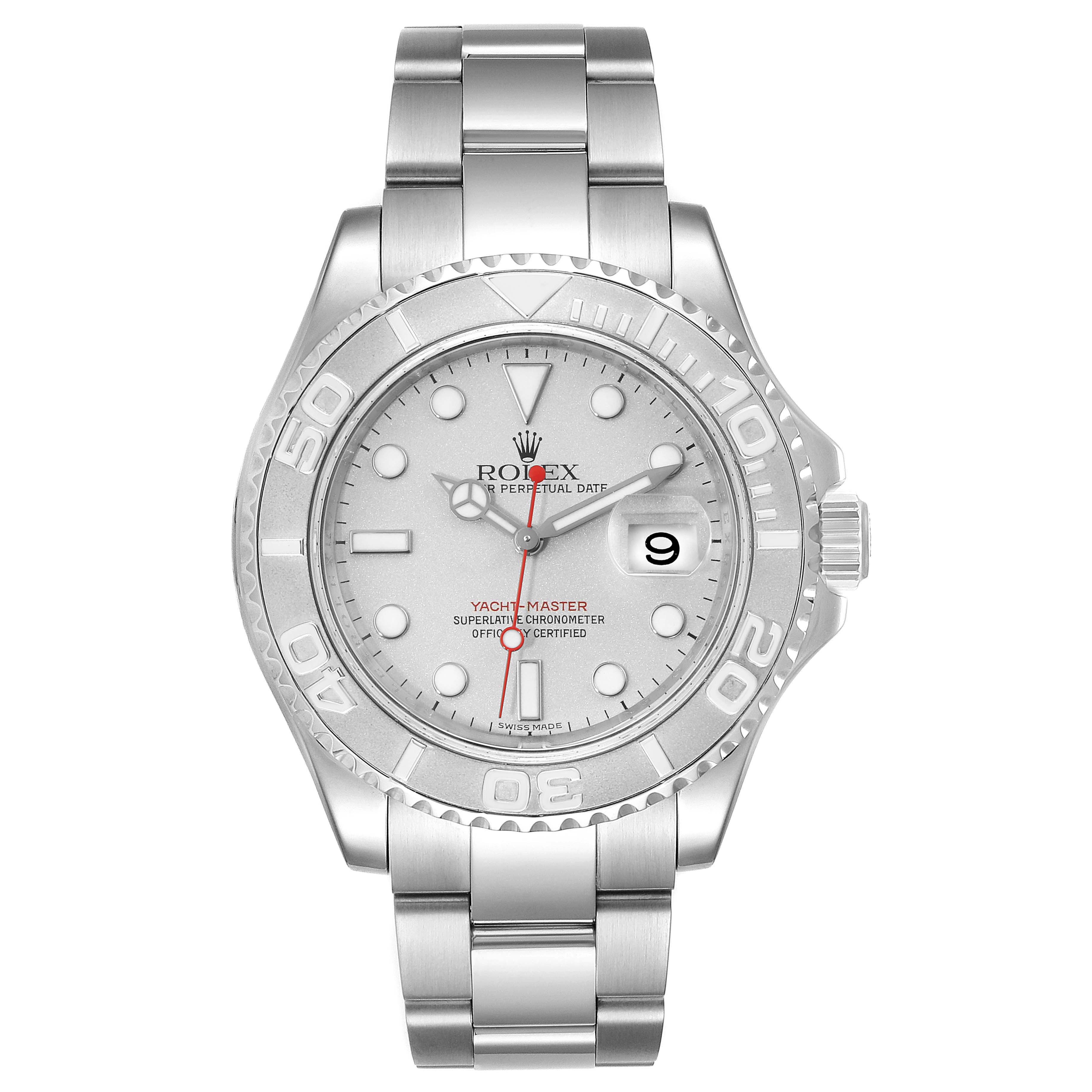 The image shows a front view of a Rolex Yacht-Master 16622 Men
s Stainless Steel Silver Dial 16622 Men
s Stainless Steel Silver Dial watch, highlighting the dial, bezel, bracelet, and crown.