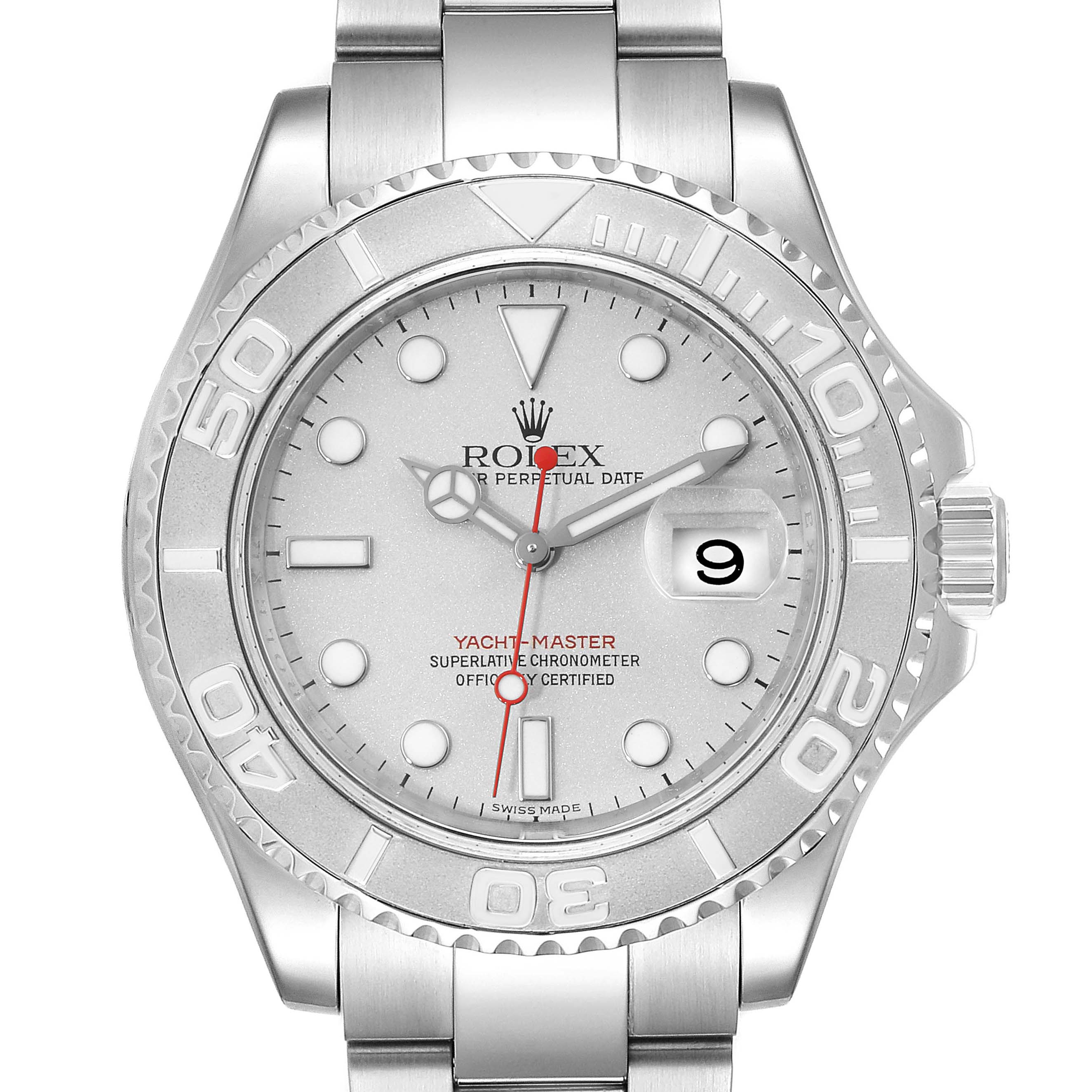 This Rolex Yacht-Master 16622 Men
s Stainless Steel Silver Dial 16622 Men
s Stainless Steel Silver Dial watch is shown from a front angle, displaying its dial, bezel, hands, and bracelet.