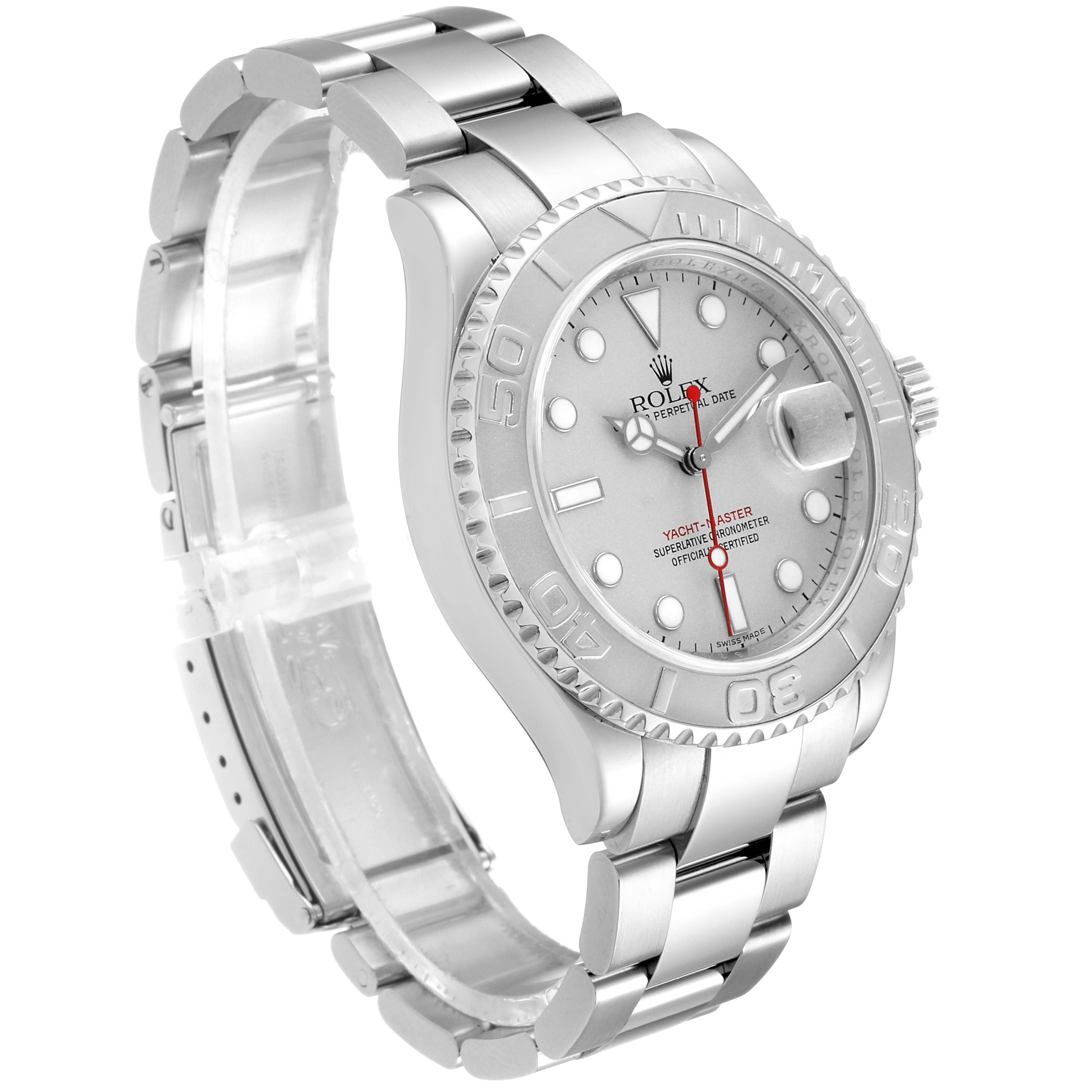 The Rolex Yacht-Master 16622 Men
s Stainless Steel Silver Dial 16622 Men
s Stainless Steel Silver Dial watch is shown at a right-side angle, highlighting its silver dial, bezel, and bracelet.