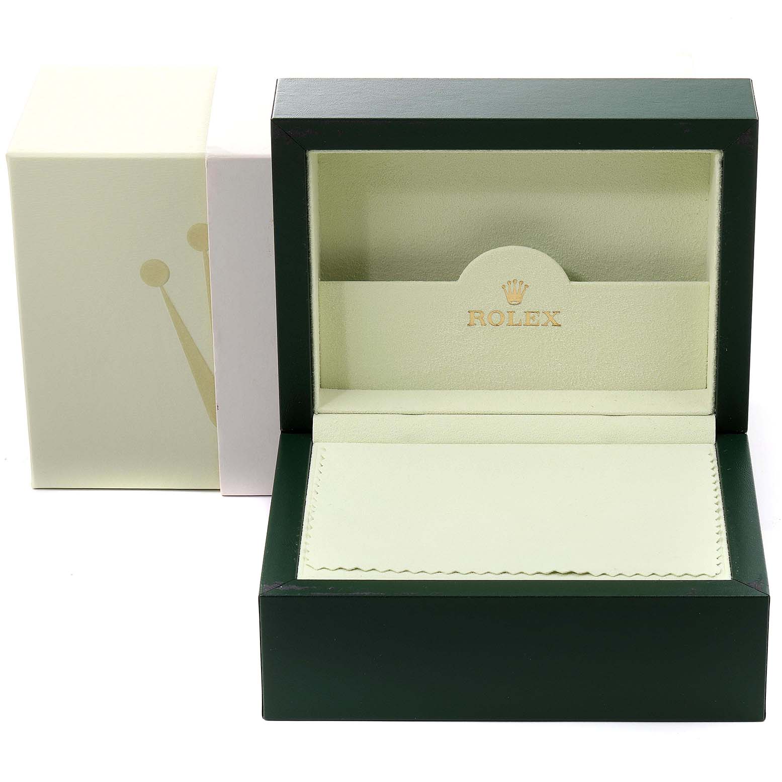 The image shows a green and cream Rolex Yacht-Master 16622 Men
s Stainless Steel Silver Dial 16622 Men
s Stainless Steel Silver Dial watch box with the lid open.