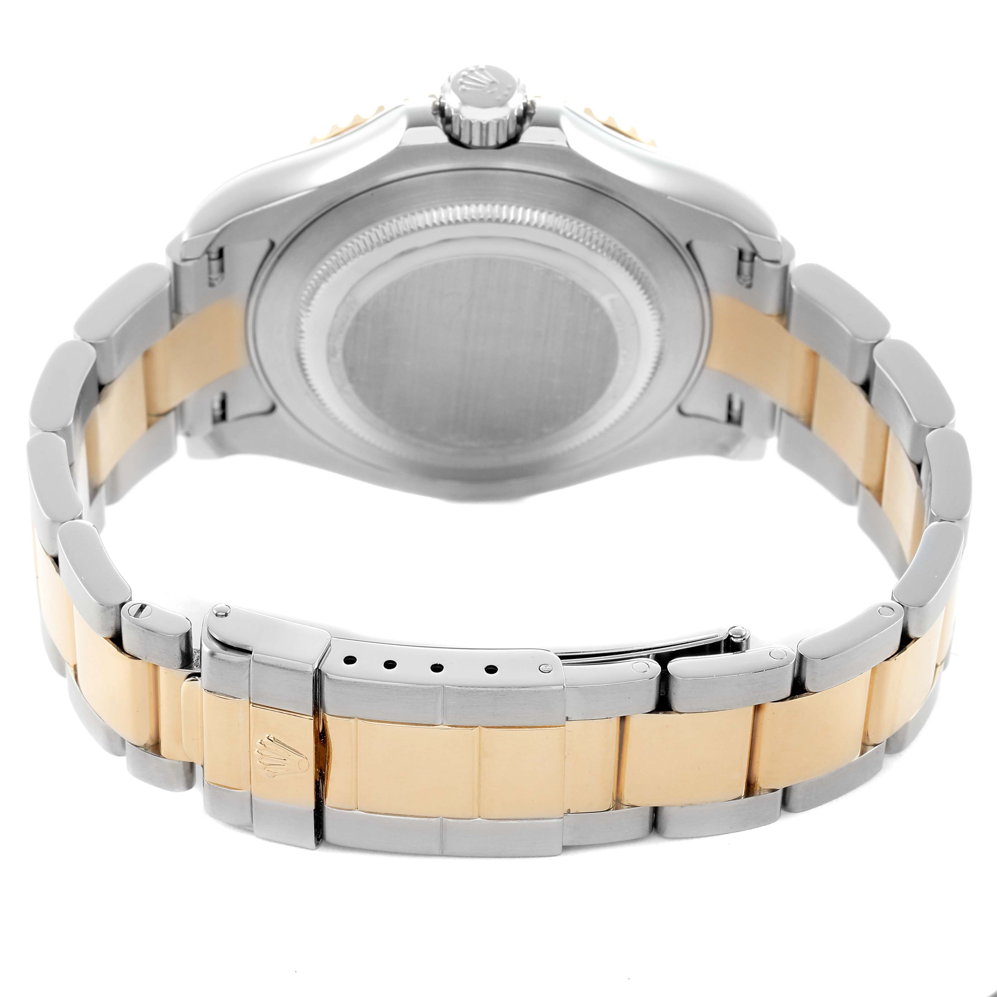 The Rolex Yacht-Master 16623 Men
s Steel and Gold (two tone) Mother of Pearl Dial watch is shown from the back, displaying the case back and two-tone bracelet clasp.