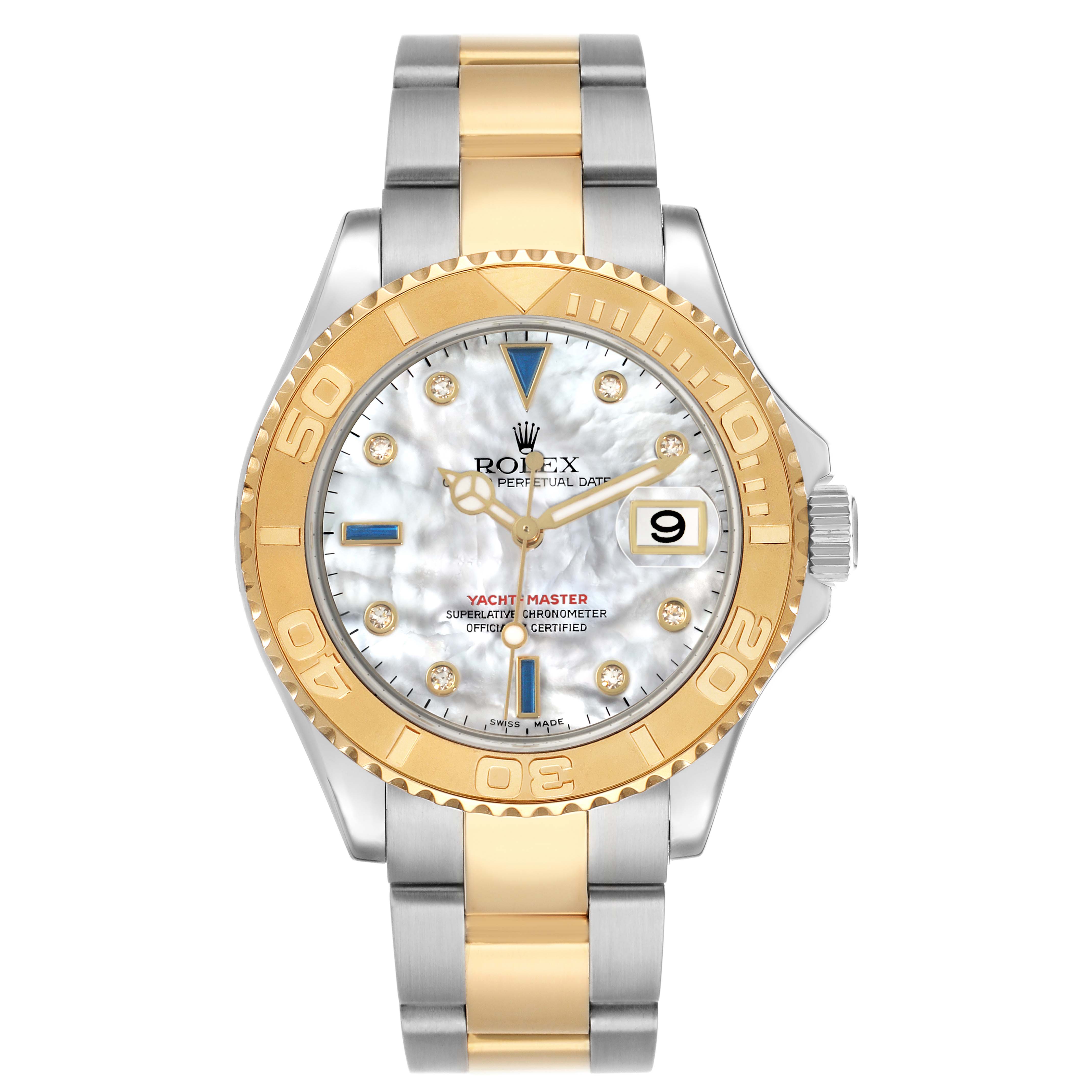 The Rolex Yacht-Master 16623 Men
s Steel and Gold (two tone) Mother of Pearl Dial watch is shown from a frontal angle, highlighting the two-tone bezel, dial, and bracelet.