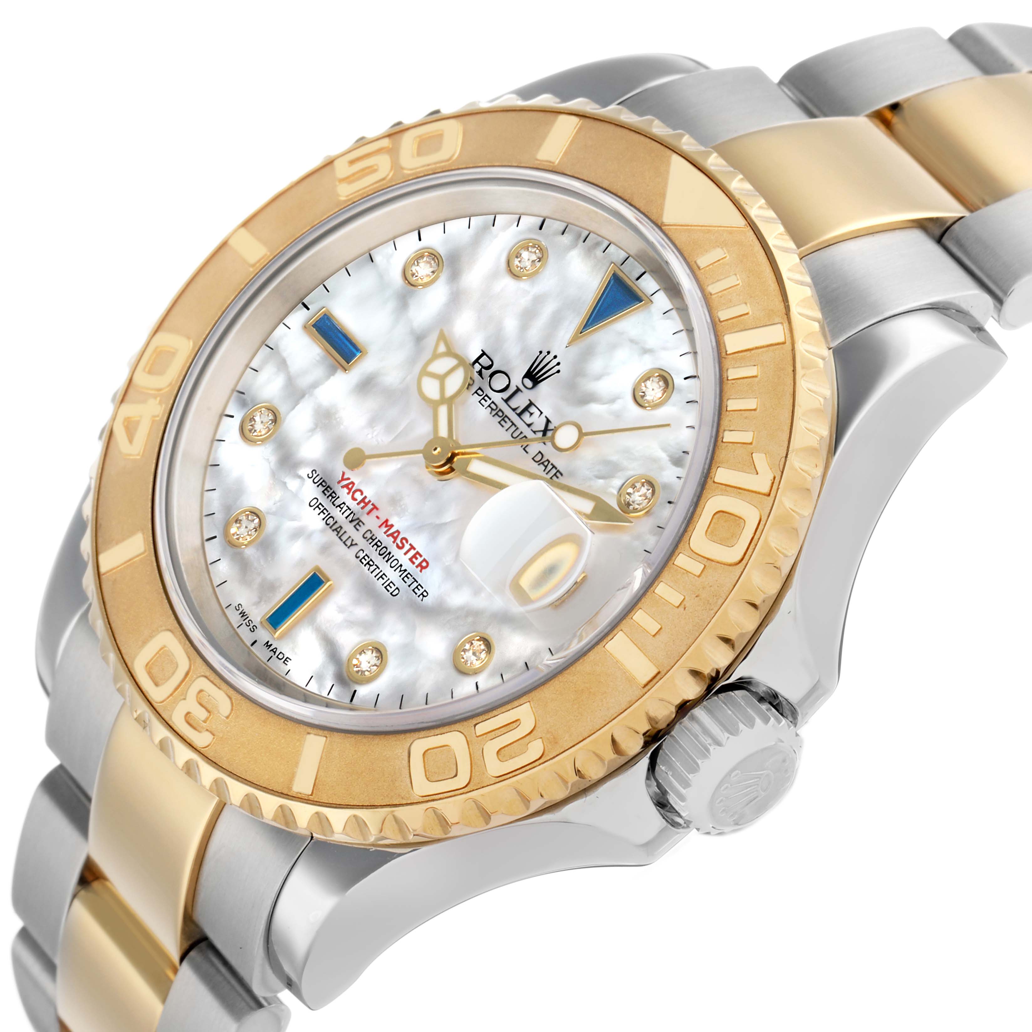 The Rolex Yacht-Master 16623 Men
s Steel and Gold (two tone) Mother of Pearl Dial watch is angled to show the dial, bezel, crown, and partial bracelet.