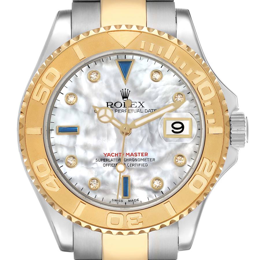 The image shows a front view of the Rolex Yacht-Master 16623 Men
s Steel and Gold (two tone) Mother of Pearl Dial watch, highlighting its bezel, dial, hands, and date window.
