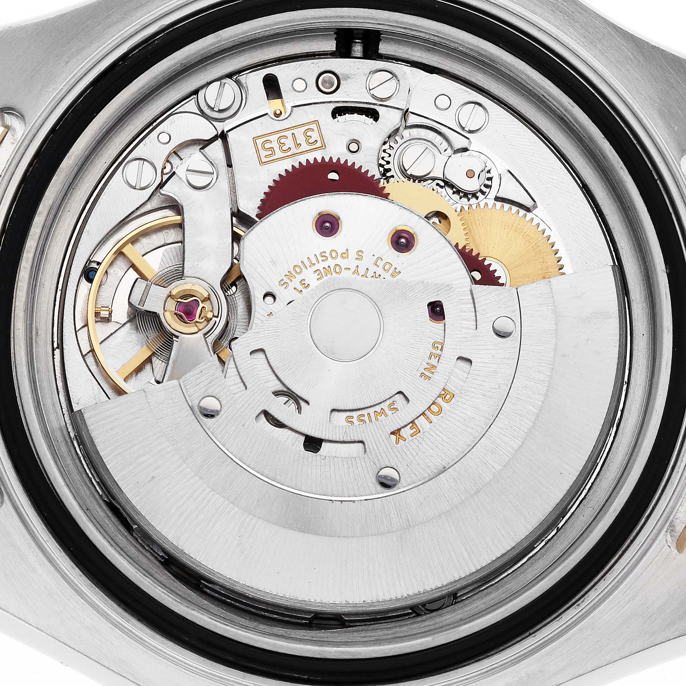 The image shows the intricate movement mechanism of a Rolex Yacht-Master 16623 Men
s Steel and Gold (two tone) Mother of Pearl Dial watch viewed from the back.