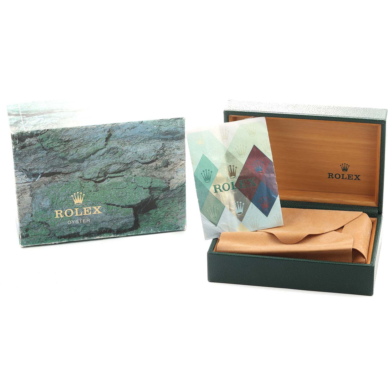 The image shows the packaging and box of a Rolex Yacht-Master 16623 Men
s Steel and Gold (two tone) Mother of Pearl Dial, including the outer cover and the open box with its interior.