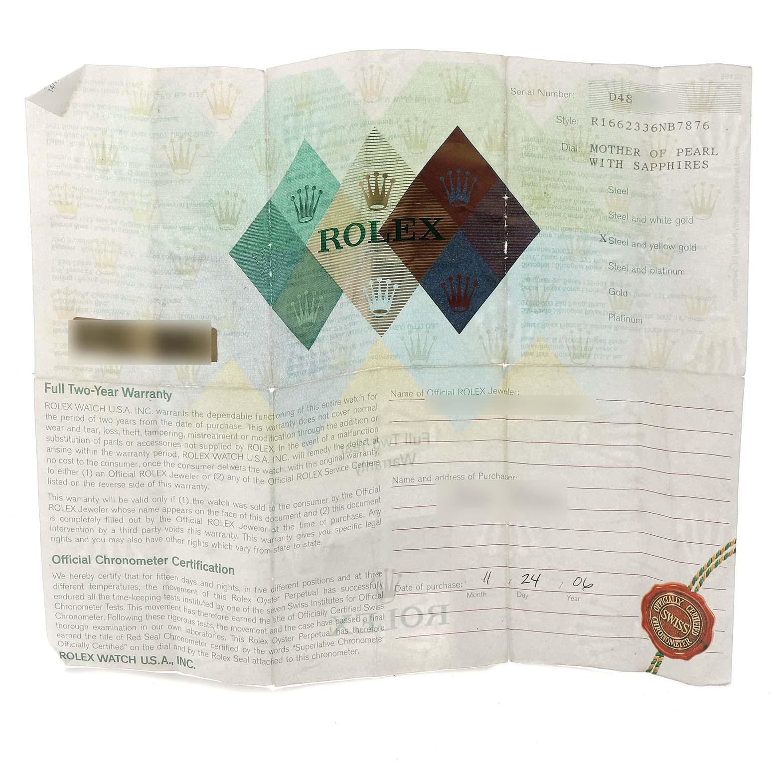 The image shows a warranty certificate for the Rolex Yacht-Master 16623 Men
s Steel and Gold (two tone) Mother of Pearl Dial watch, featuring brand logos and purchase details.