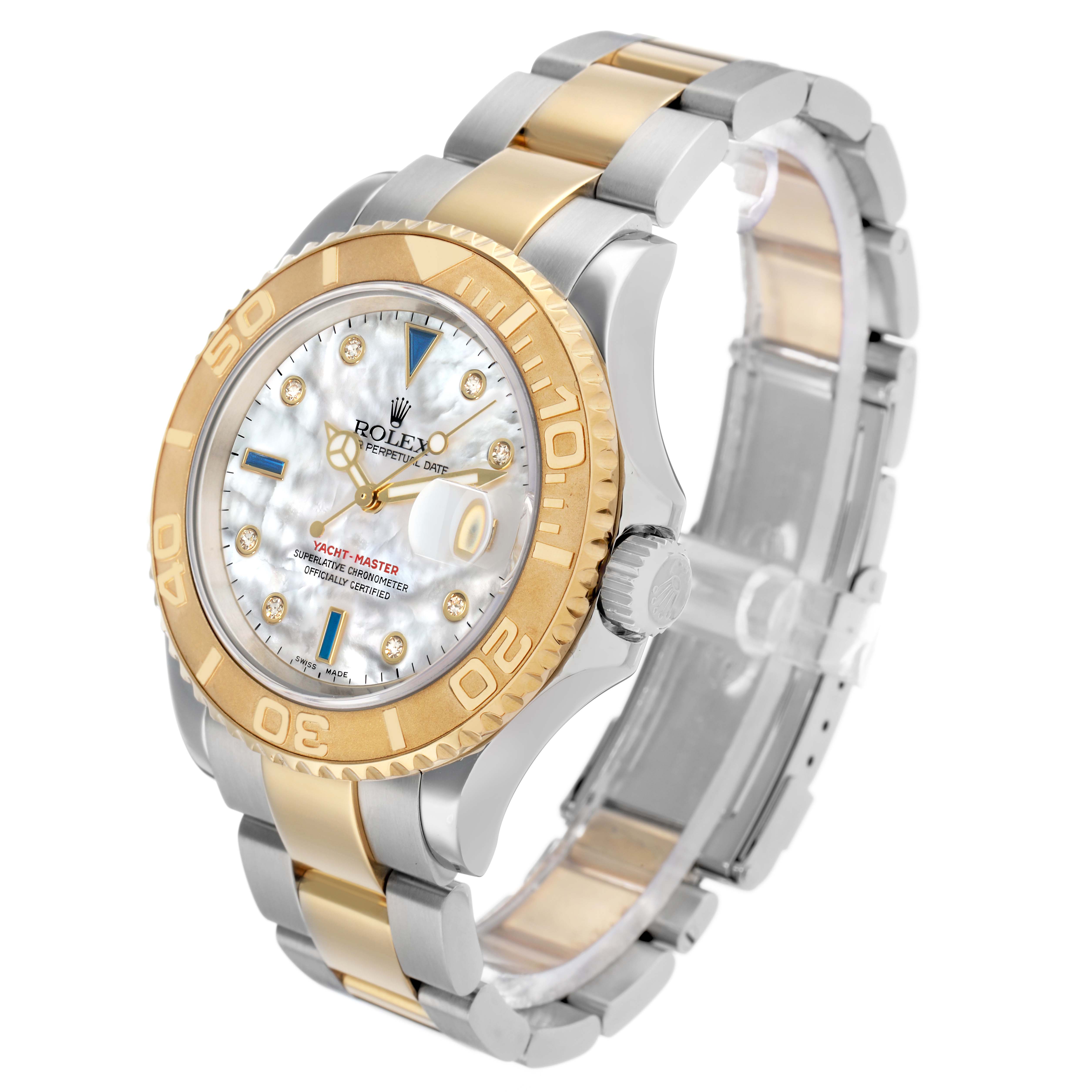 The Rolex Yacht-Master 16623 Men
s Steel and Gold (two tone) Mother of Pearl Dial watch is shown at a three-quarter angle, highlighting its two-tone bracelet and bezel, and mother-of-pearl dial.