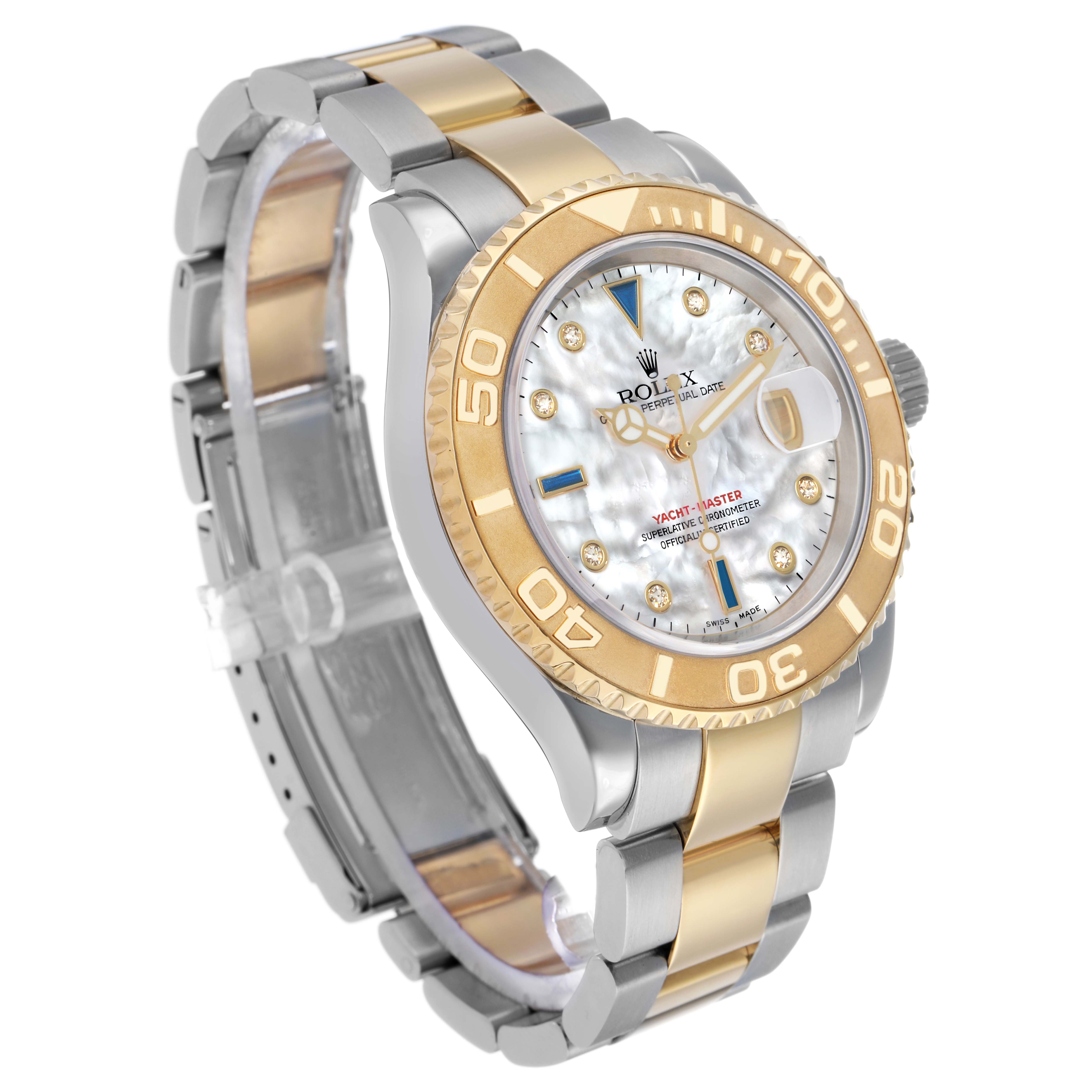 The Rolex Yacht-Master 16623 Men
s Steel and Gold (two tone) Mother of Pearl Dial watch is shown at a three-quarter angle, highlighting the mother-of-pearl dial, gold bezel, and bi-metal bracelet.