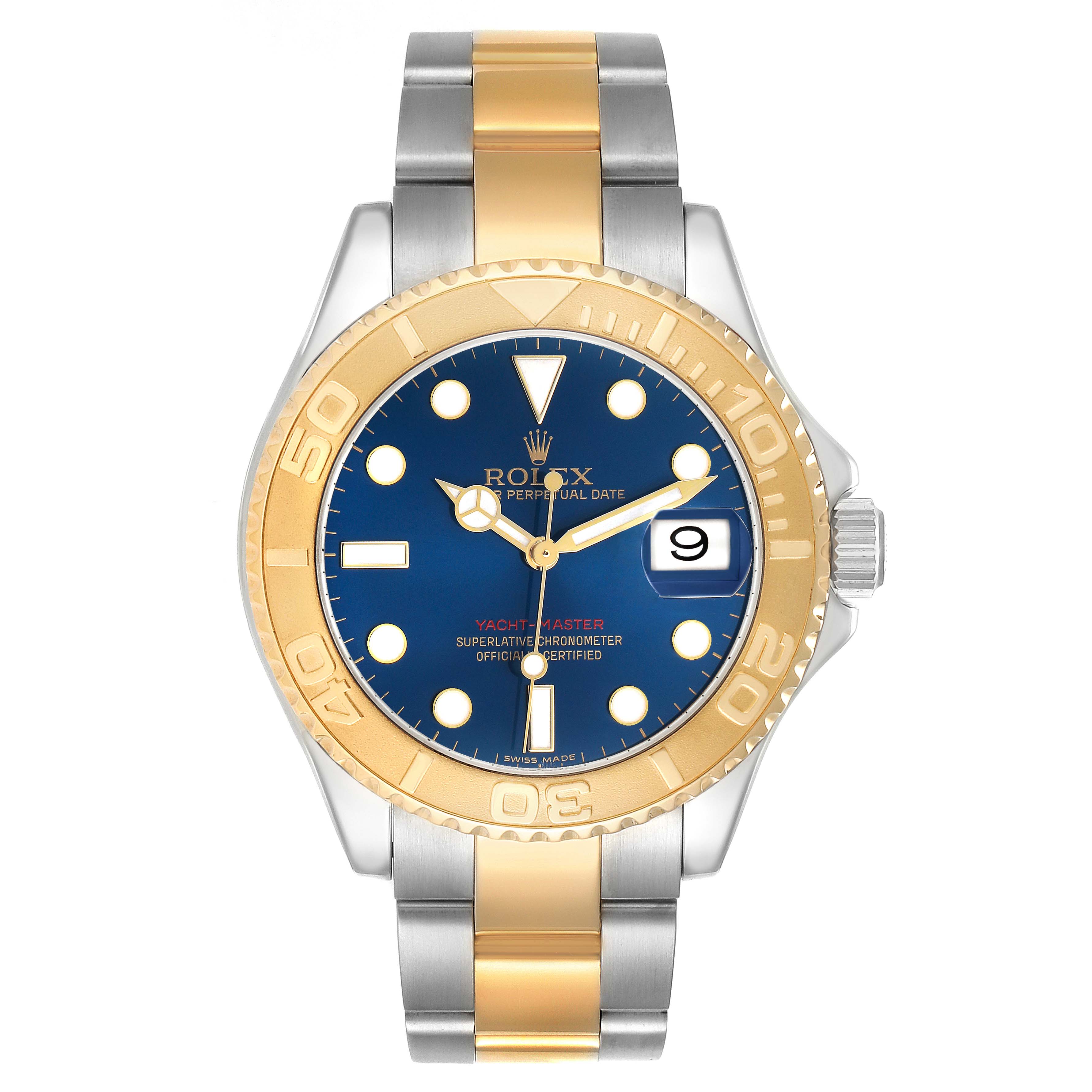 The Rolex Yacht-Master 16623 Men
s Steel and Gold (two tone) Blue Dial watch is shown from a front angle, highlighting the face, bezel, and partially visible bracelet.