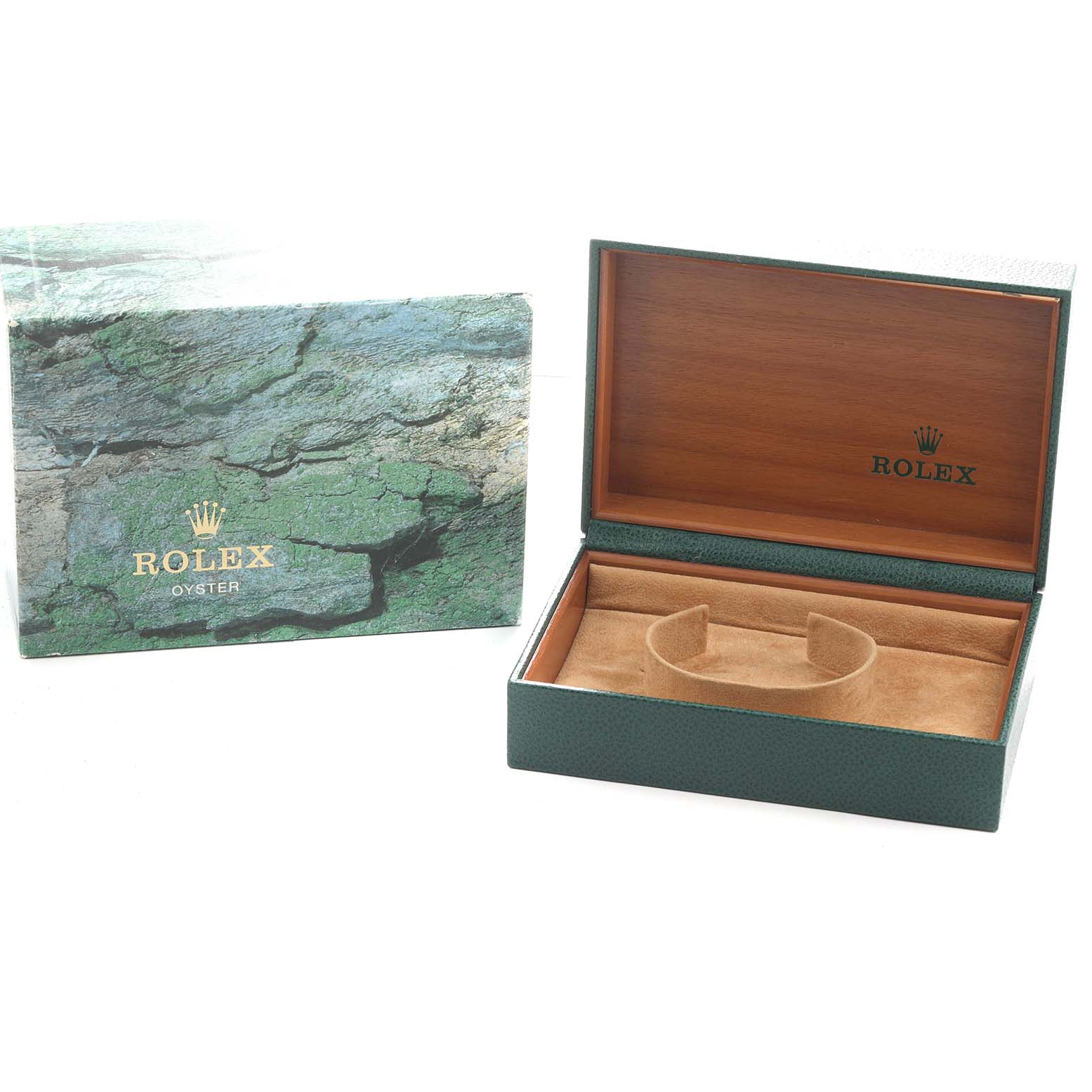 This image shows the Rolex Yacht-Master 16623 Men
s Steel and Gold (two tone) Blue Dial box and packaging, with the box open, revealing the interior cushion.