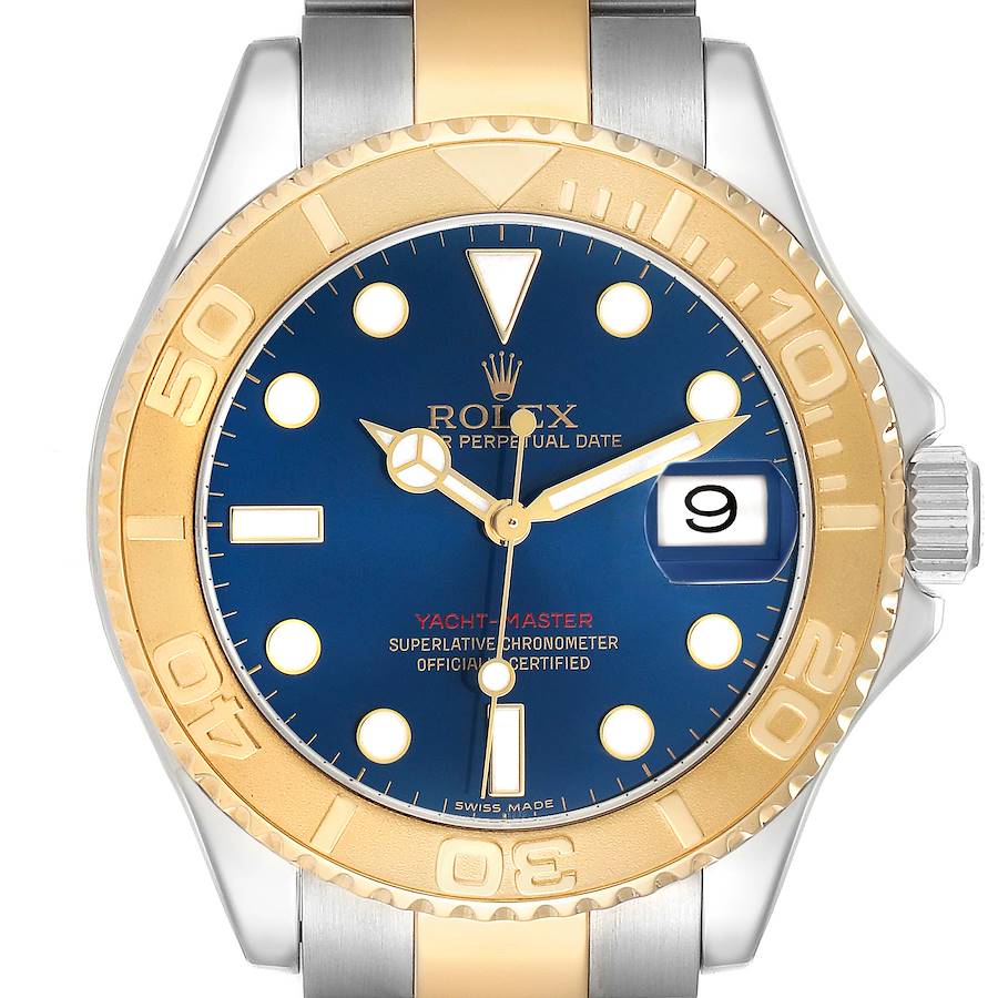 The Rolex Yacht-Master 16623 Men
s Steel and Gold (two tone) Blue Dial watch is shown from a front view, displaying its blue dial, gold bezel, and two-tone bracelet.
