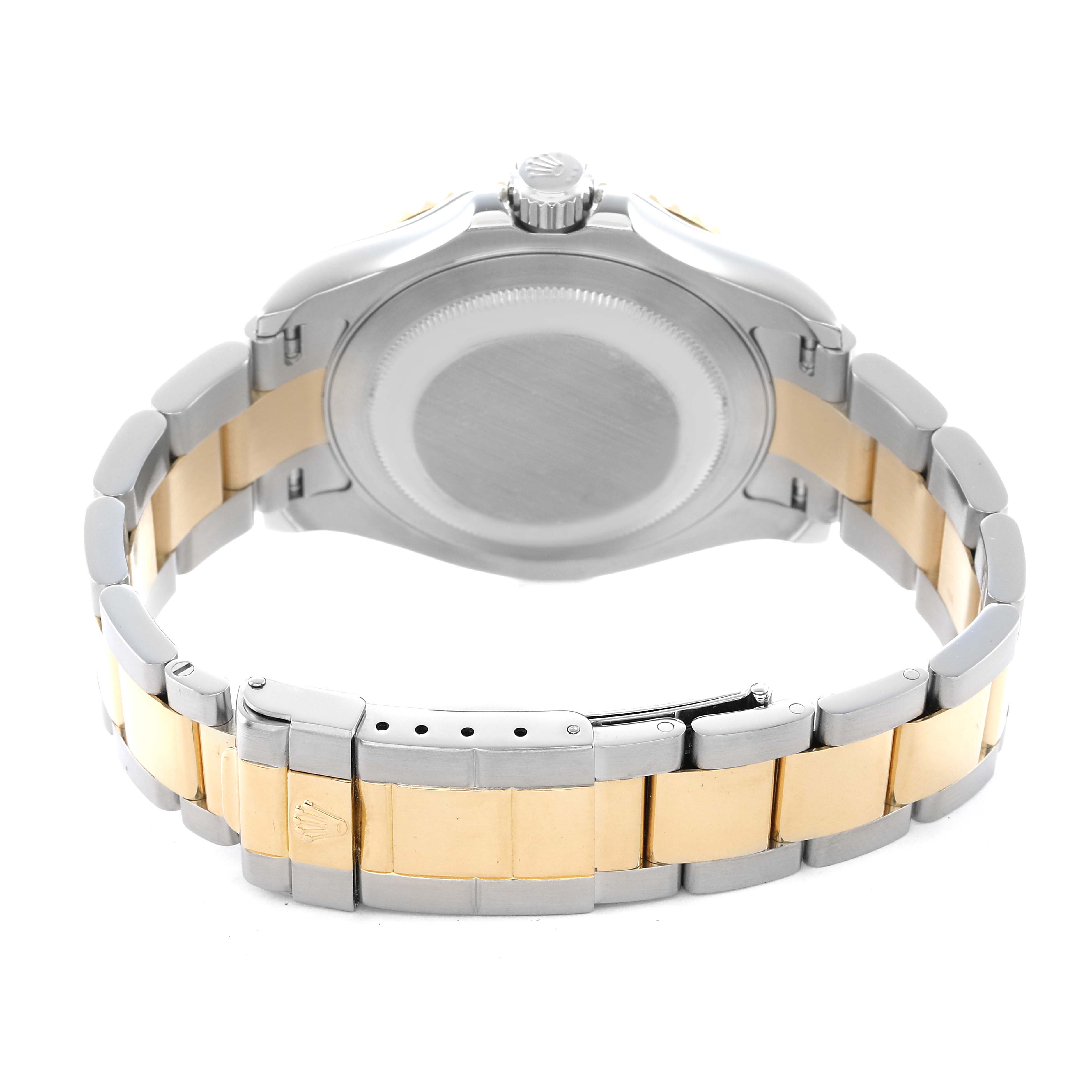 The Rolex Yacht-Master 16623 Men
s Steel and Gold (two tone) Blue Dial watch is shown from the back, highlighting its caseback, crown, and two-tone bracelet.