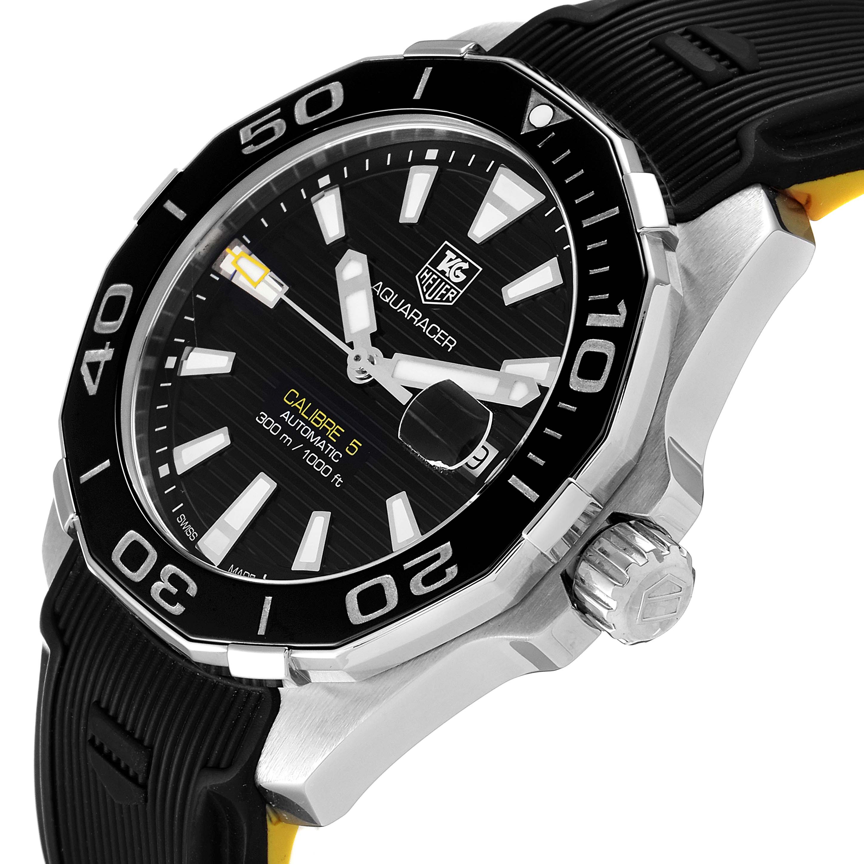 The image shows a close-up angled view of the Tag Heuer Aquaracer WAY211A Men's Stainless Steel Black Dial WAY211A Men's Stainless Steel Black Dial watch, highlighting the dial, bezel, crown, and strap.