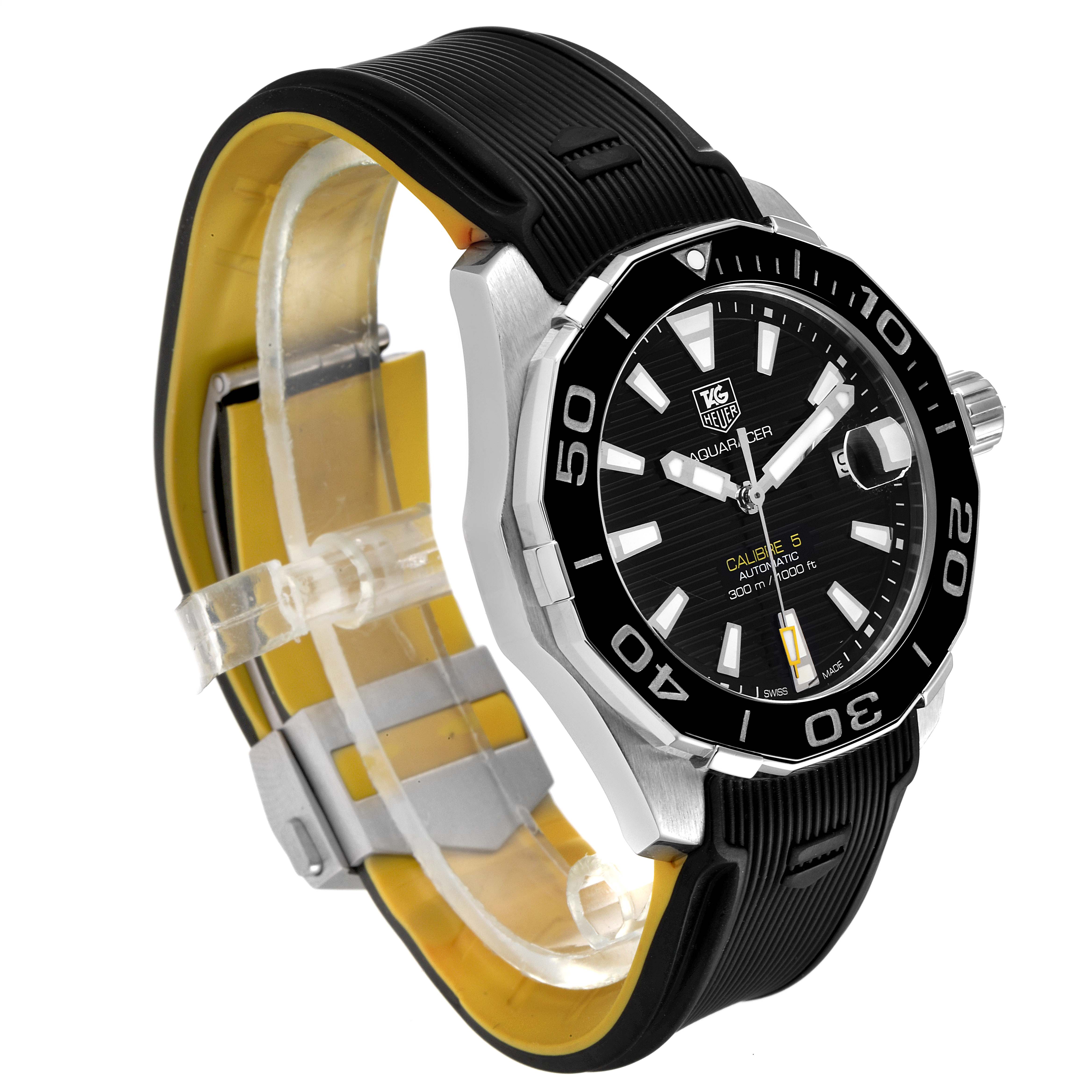 The Tag Heuer Aquaracer WAY211A Men's Stainless Steel Black Dial WAY211A Men's Stainless Steel Black Dial watch is shown at an angle highlighting its black dial, bezel, and black strap.