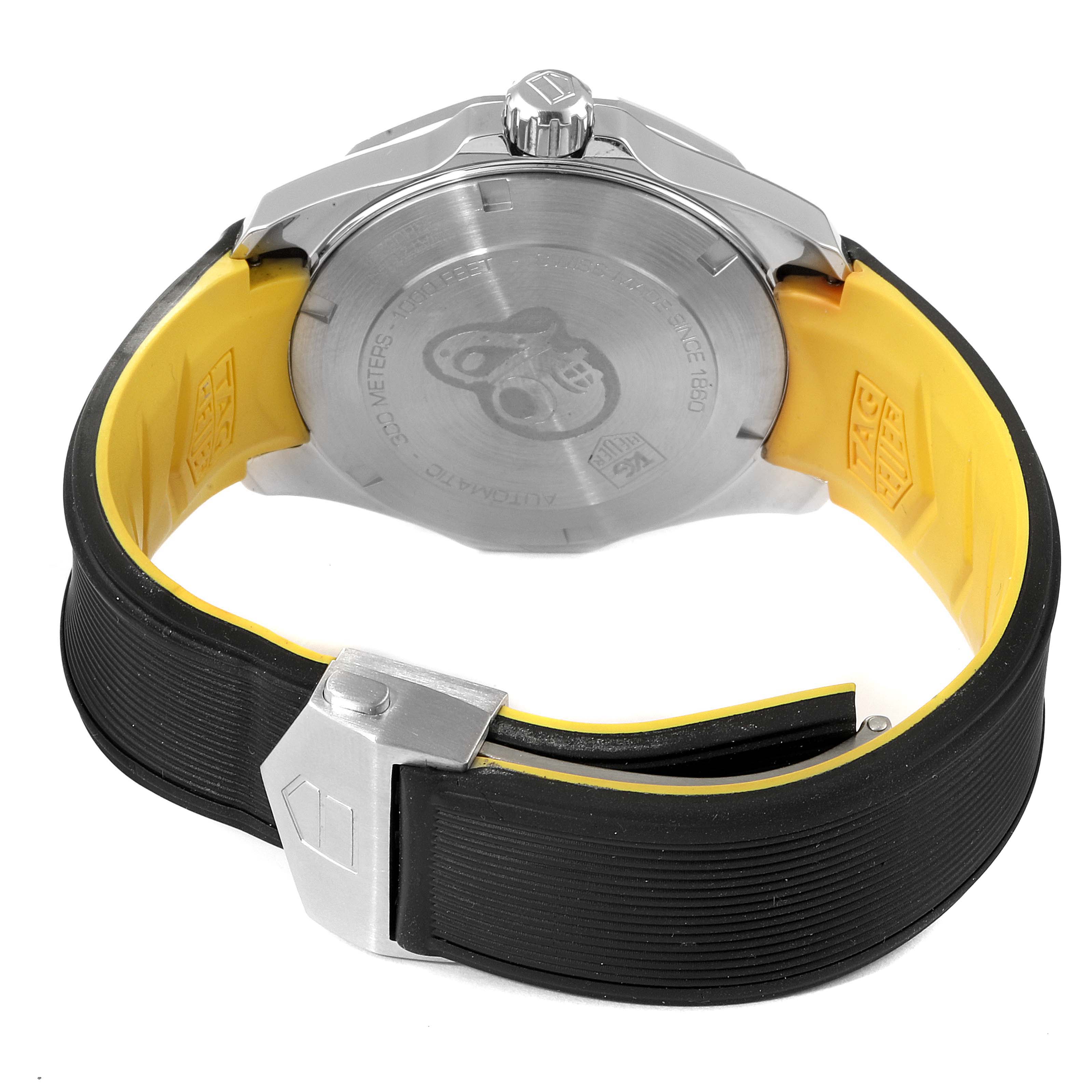 This image shows the back case and band of the Tag Heuer Aquaracer WAY211A Men's Stainless Steel Black Dial WAY211A Men's Stainless Steel Black Dial watch from a rear angle.