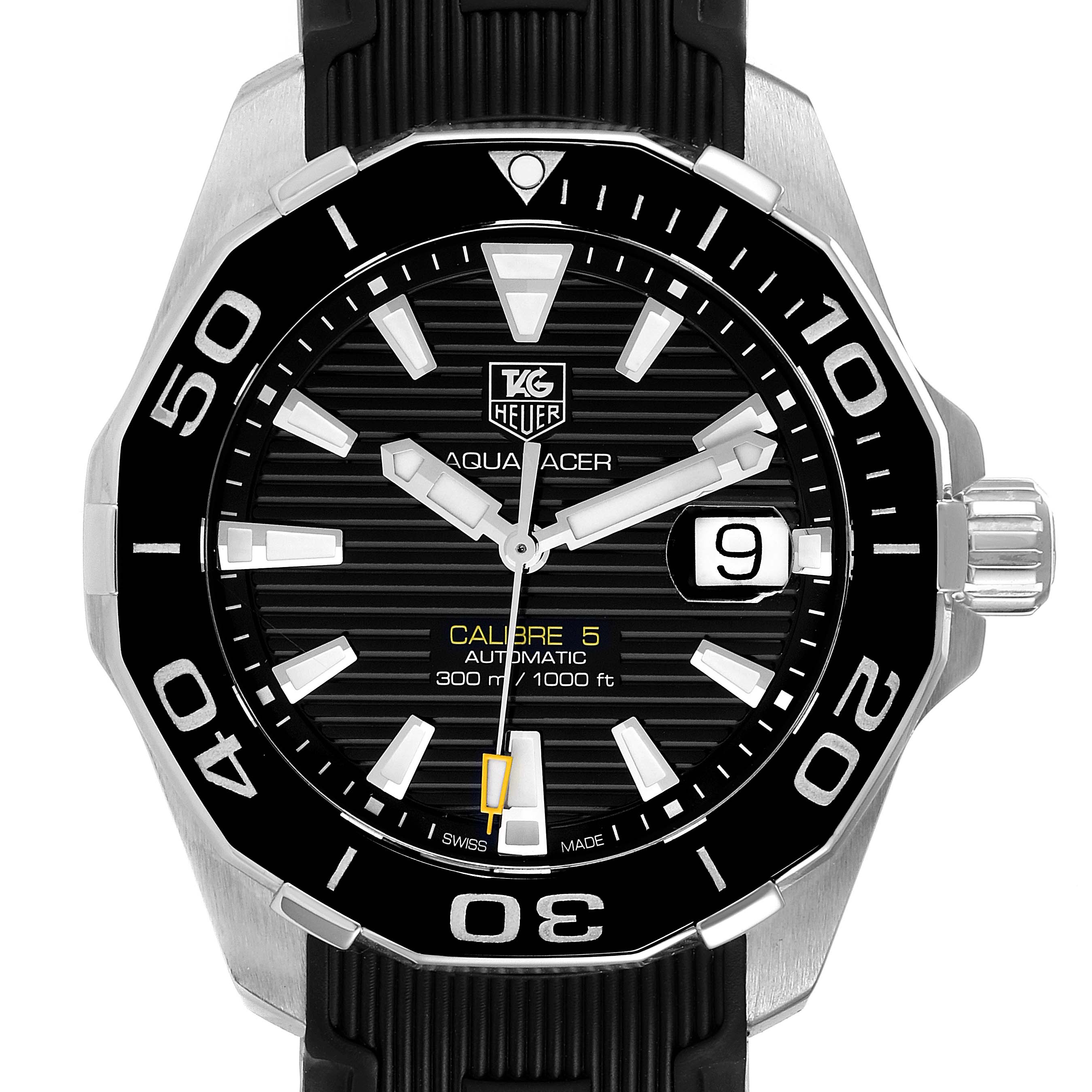 The image shows a front view of the Tag Heuer Aquaracer WAY211A Men's Stainless Steel Black Dial WAY211A Men's Stainless Steel Black Dial watch, highlighting the dial, bezel, and crown.
