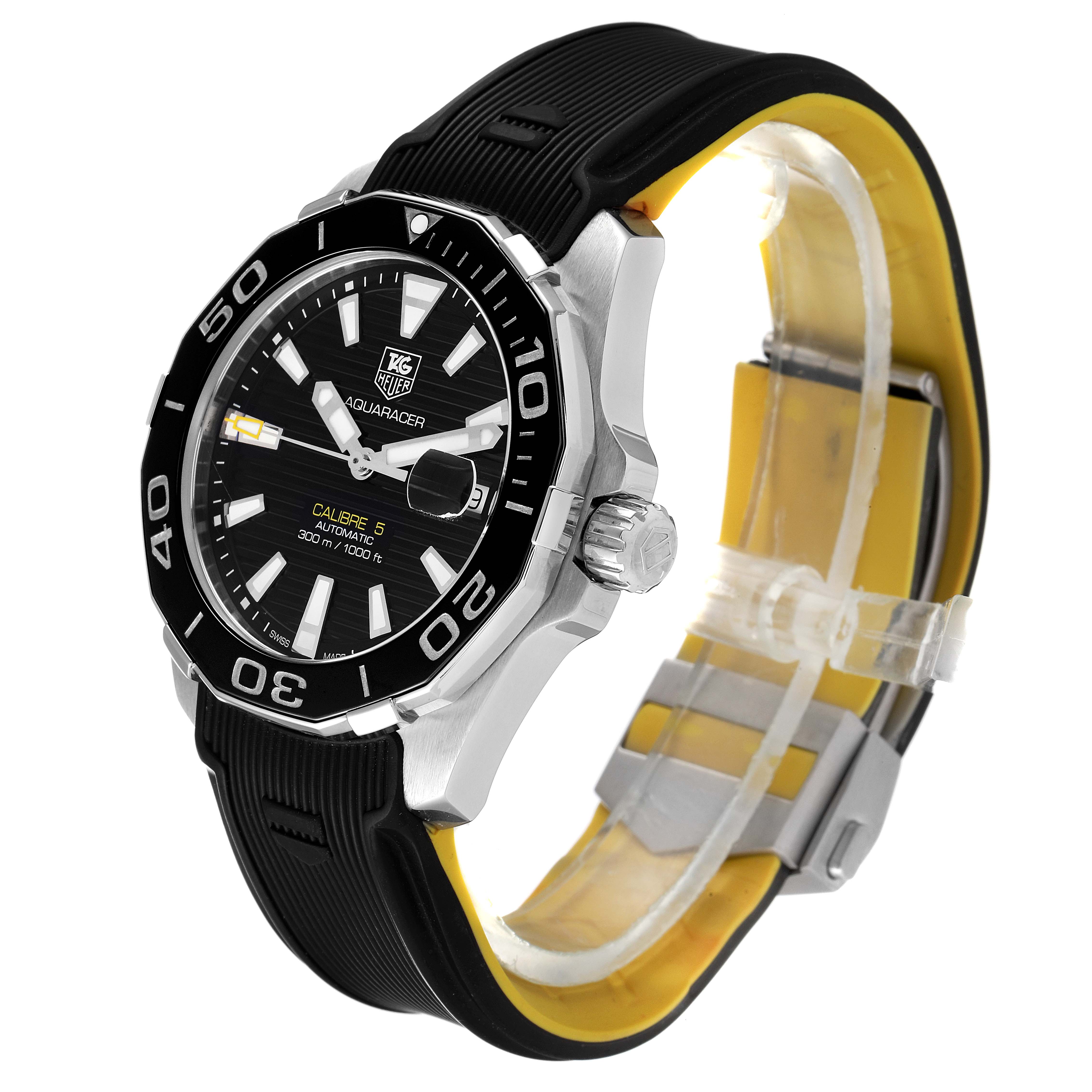 The image shows a Tag Heuer Aquaracer WAY211A Men's Stainless Steel Black Dial WAY211A Men's Stainless Steel Black Dial watch angled to display the face, bezel, crown, and a portion of the strap.