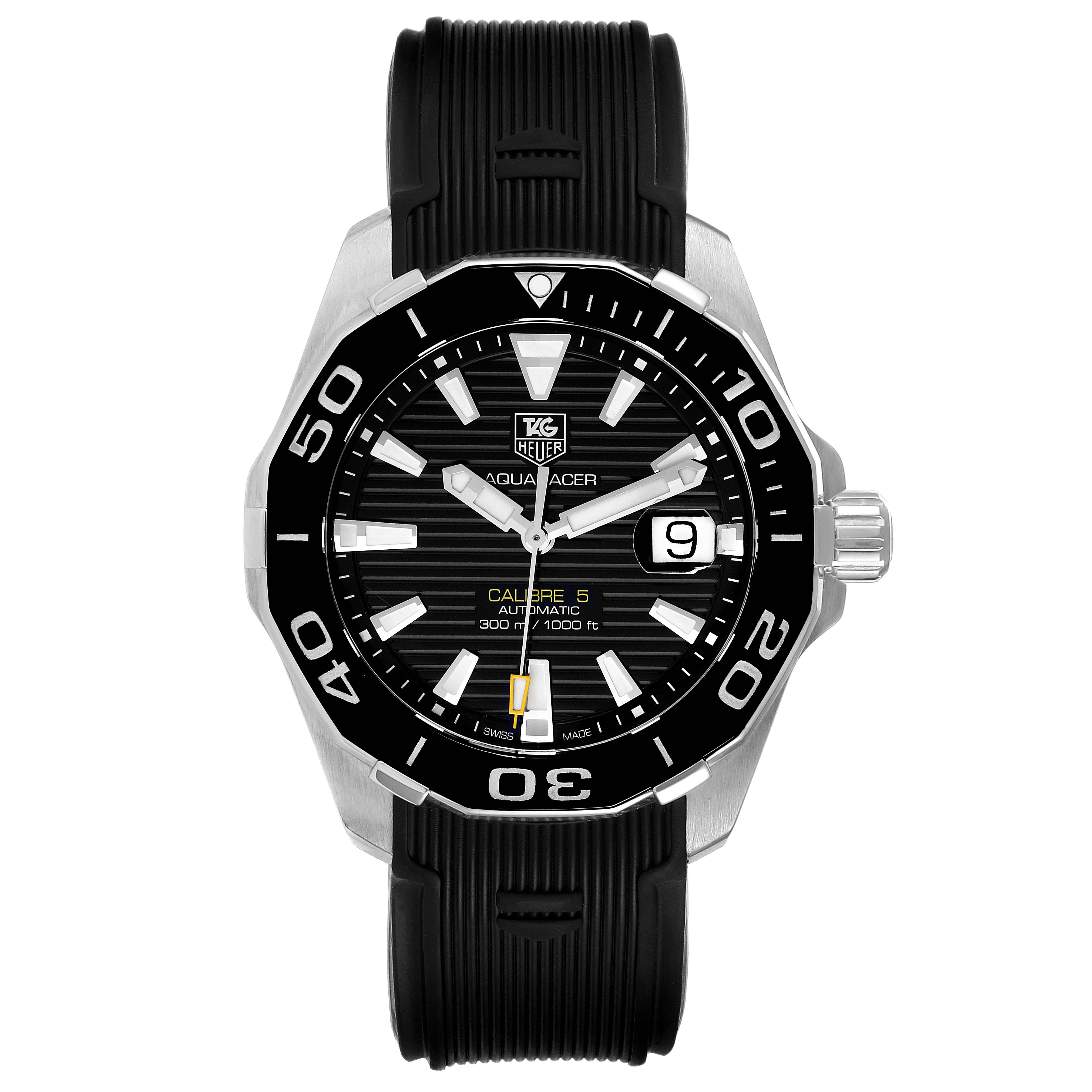 This Tag Heuer Aquaracer WAY211A Men's Stainless Steel Black Dial WAY211A Men's Stainless Steel Black Dial watch is shown from the front, displaying the dial, bezel, hands, and black rubber strap.