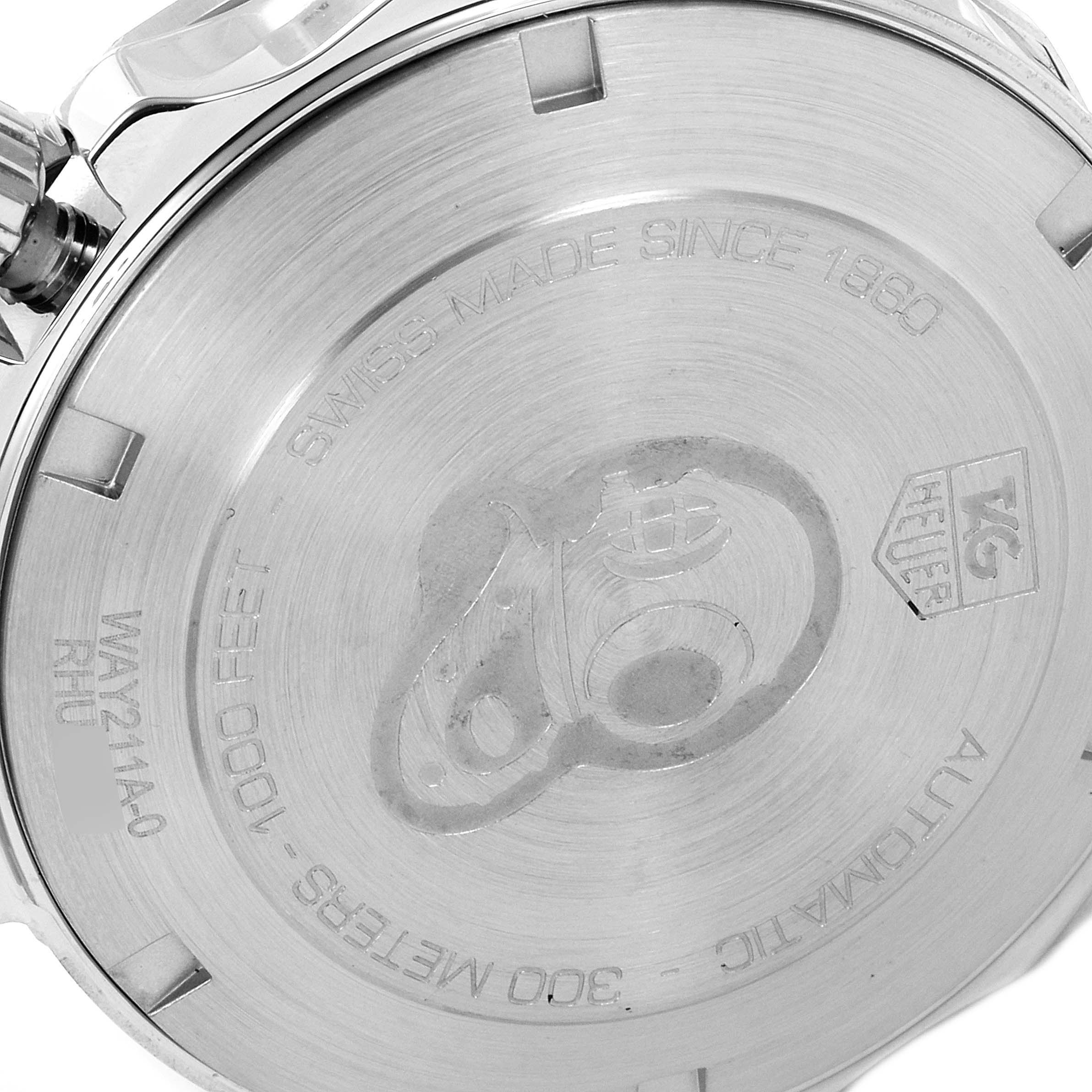 This image displays the back case of a Tag Heuer Aquaracer WAY211A Men's Stainless Steel Black Dial WAY211A Men's Stainless Steel Black Dial watch, showcasing engravings and brand markings.
