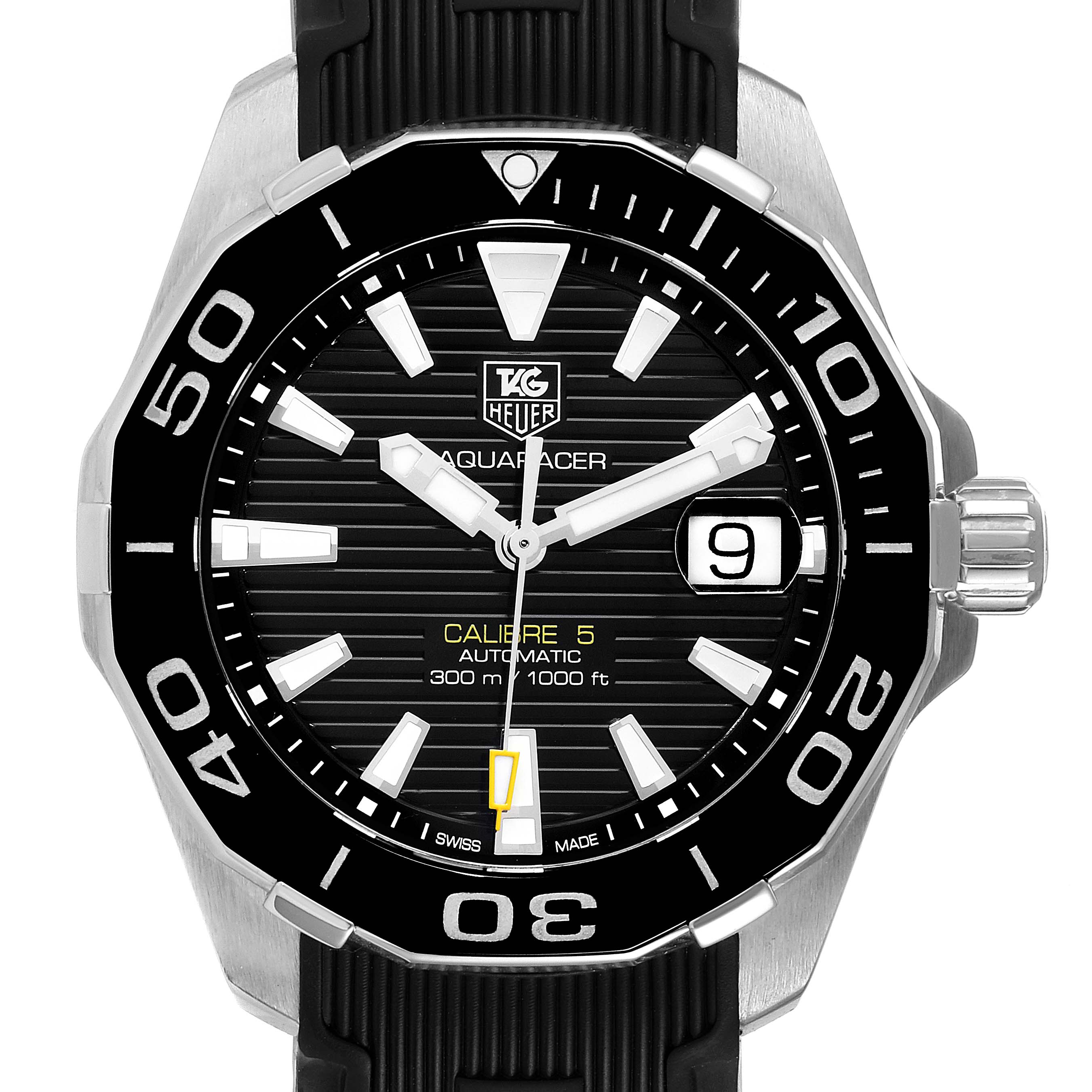 This Tag Heuer Aquaracer WAY211A Men's Stainless Steel Black Dial WAY211A Men's Stainless Steel Black Dial watch is shown from a front angle, displaying its dial, bezel, hands, and crown.