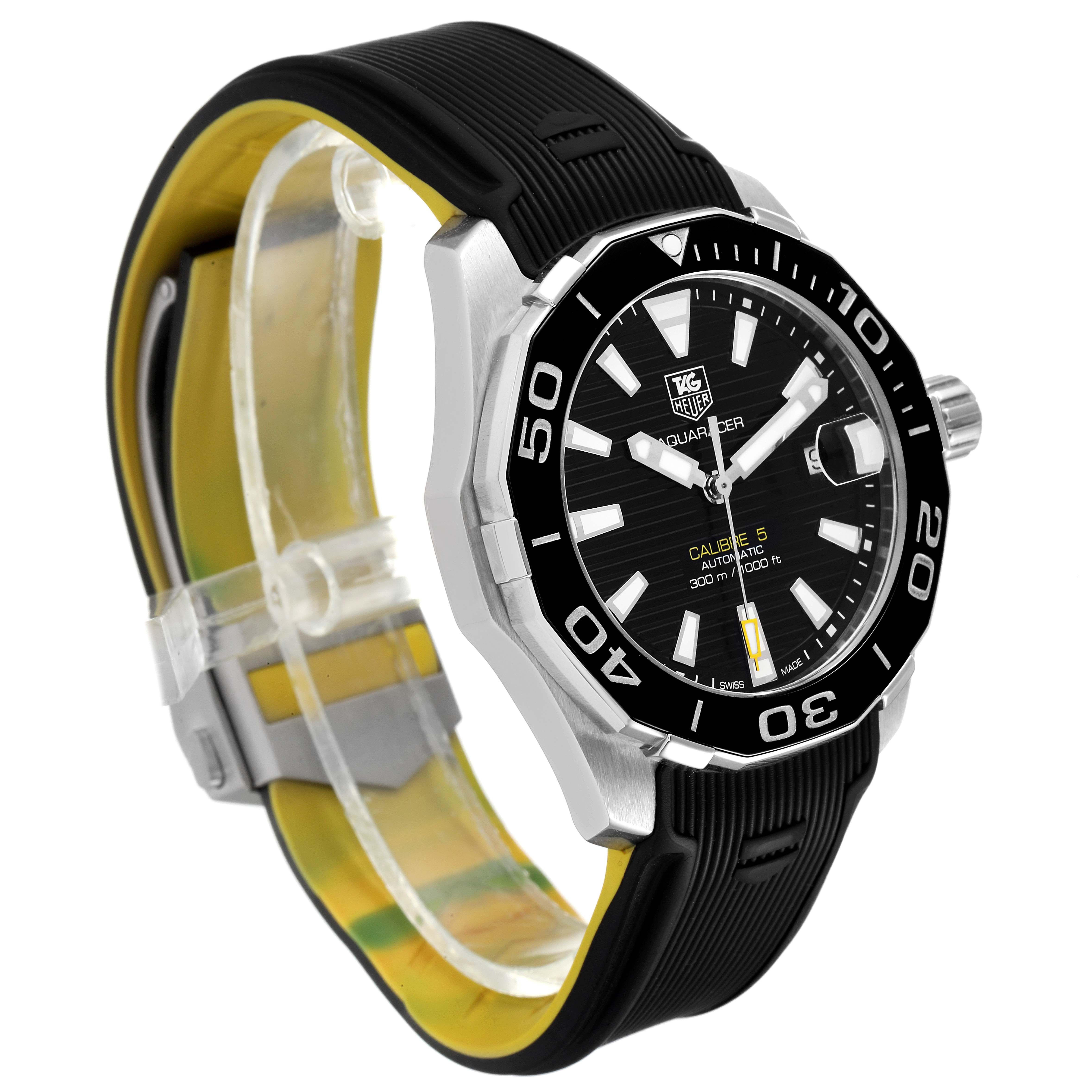 This image shows the Tag Heuer Aquaracer WAY211A Men's Stainless Steel Black Dial WAY211A Men's Stainless Steel Black Dial watch at an angle displaying the face, bezel, crown, and part of the band.