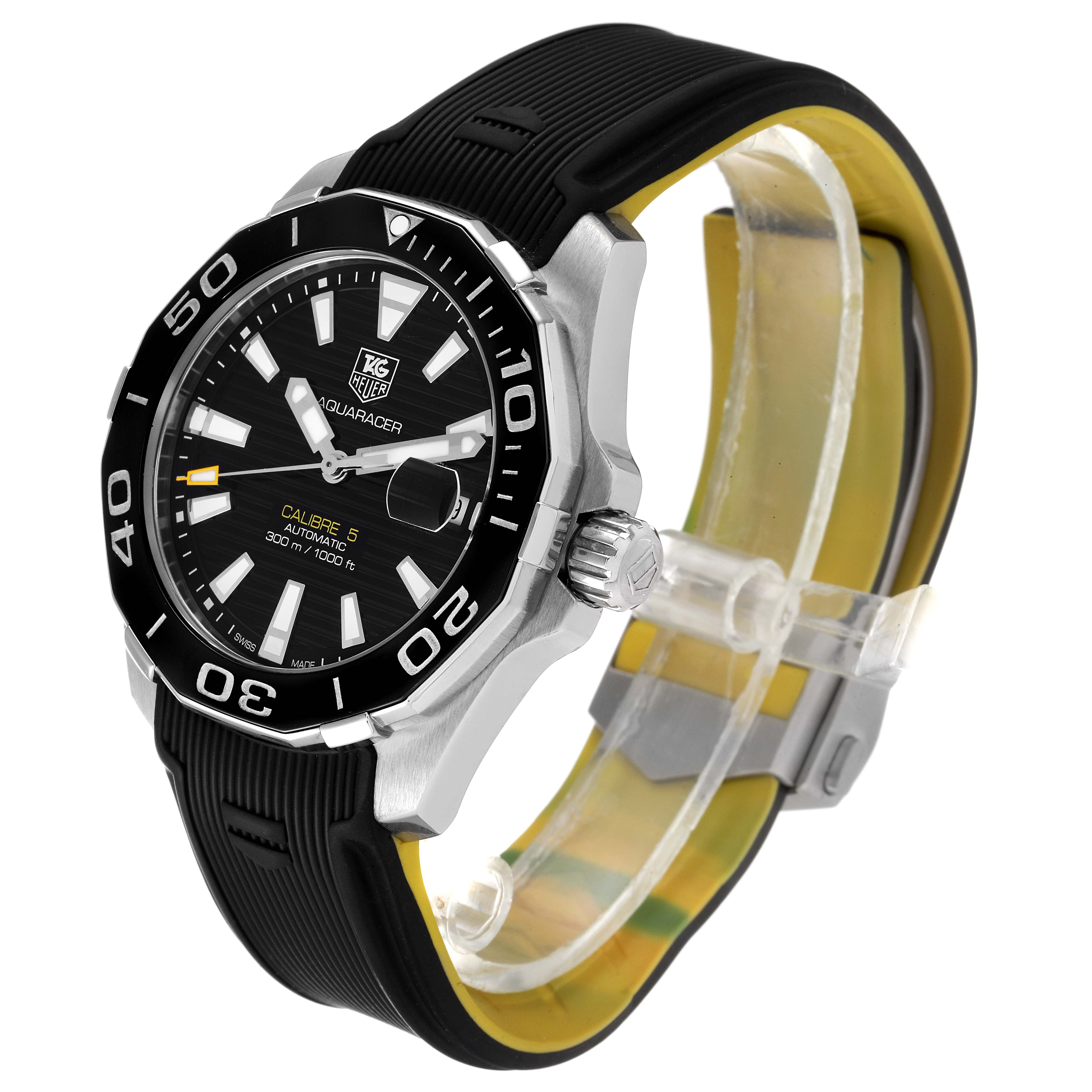 This image shows a Tag Heuer Aquaracer WAY211A Men's Stainless Steel Black Dial WAY211A Men's Stainless Steel Black Dial watch at a front-side angle, highlighting the dial, bezel, crown, and strap.
