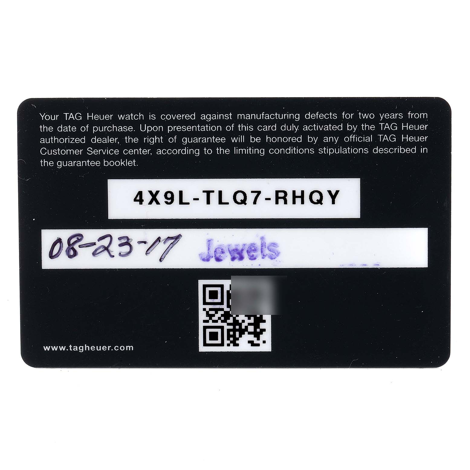The image shows a warranty card for the Tag Heuer Aquaracer WAY211A Men's Stainless Steel Black Dial WAY211A Men's Stainless Steel Black Dial watch model.