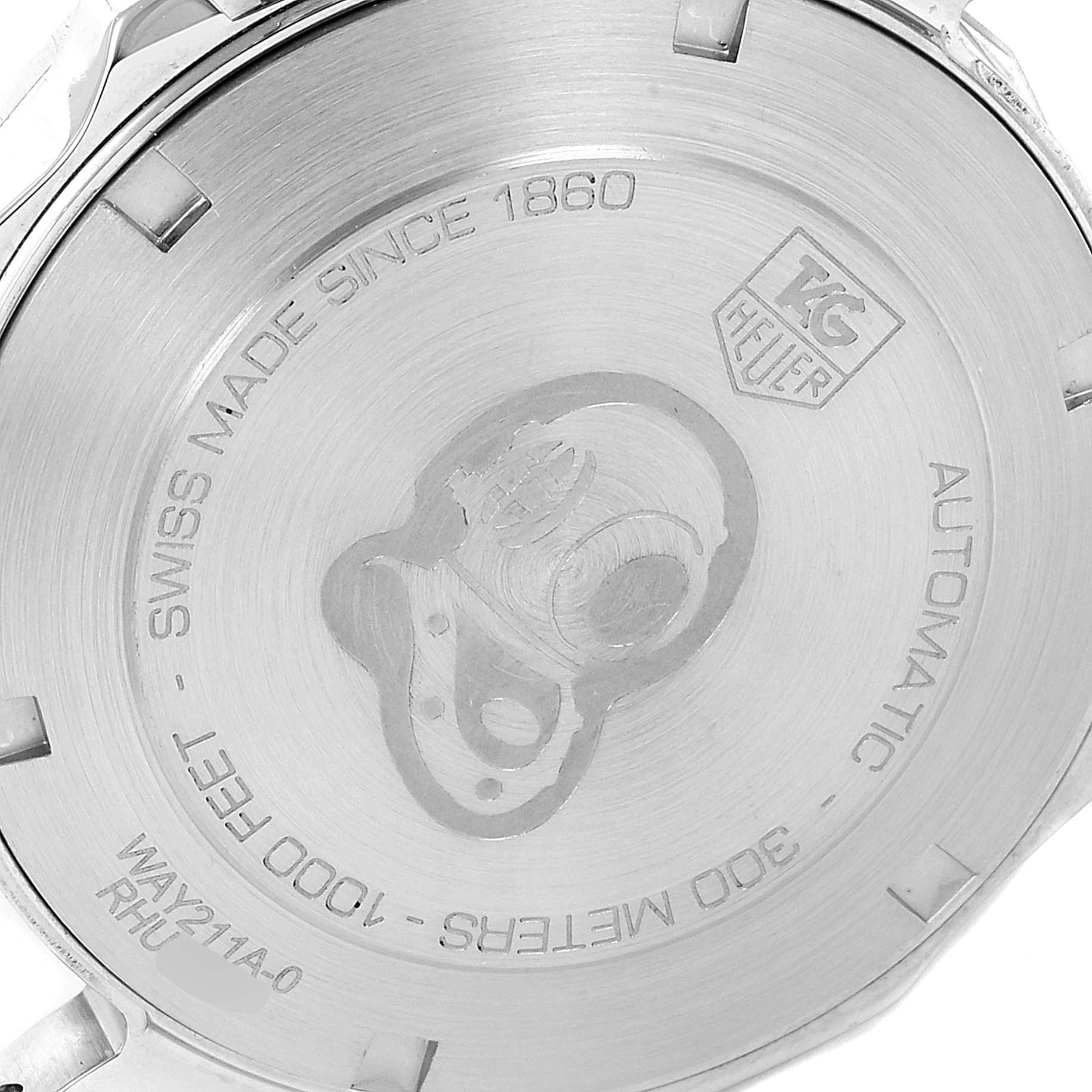 The image shows the back case of a Tag Heuer Aquaracer WAY211A Men's Stainless Steel Black Dial WAY211A Men's Stainless Steel Black Dial watch, with engravings indicating it is automatic and water-resistant up to 300 meters.