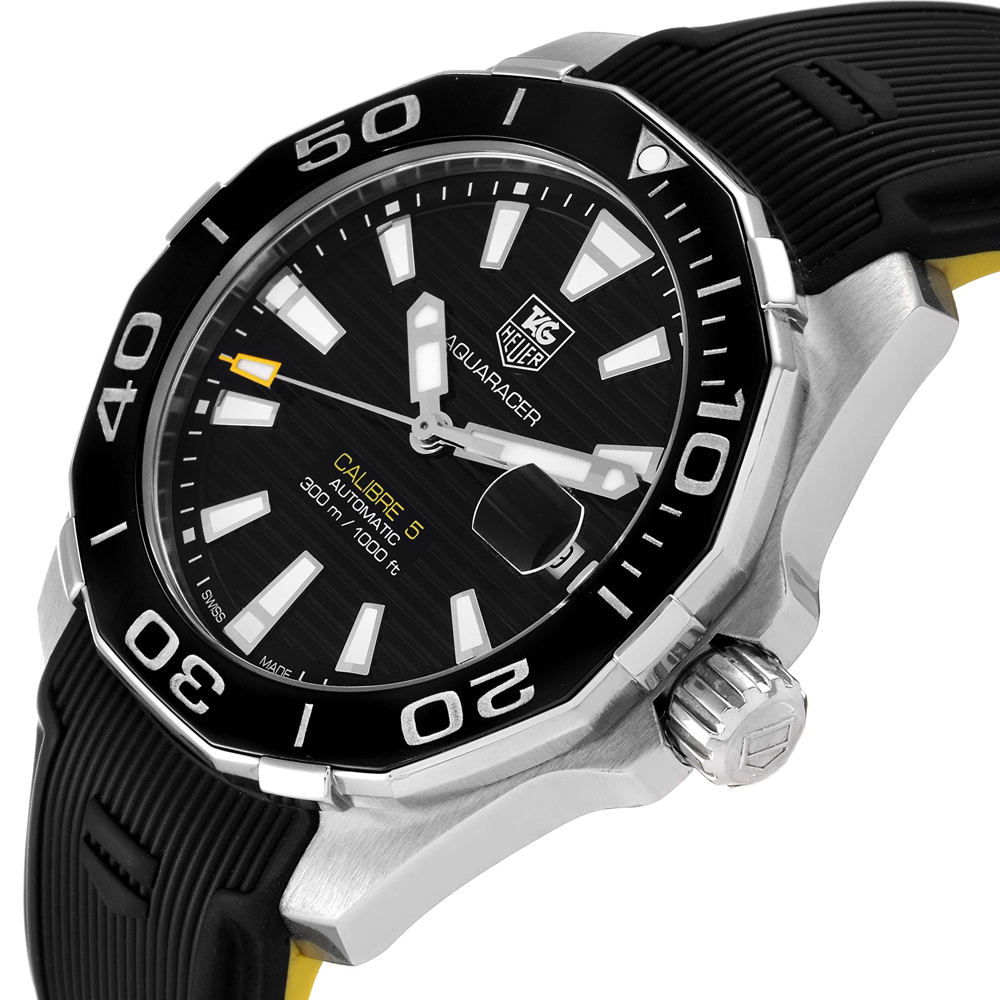 The Tag Heuer Aquaracer WAY211A Men's Stainless Steel Black Dial WAY211A Men's Stainless Steel Black Dial watch is shown at an oblique angle, displaying its black dial, bezel, crown, and part of the strap.