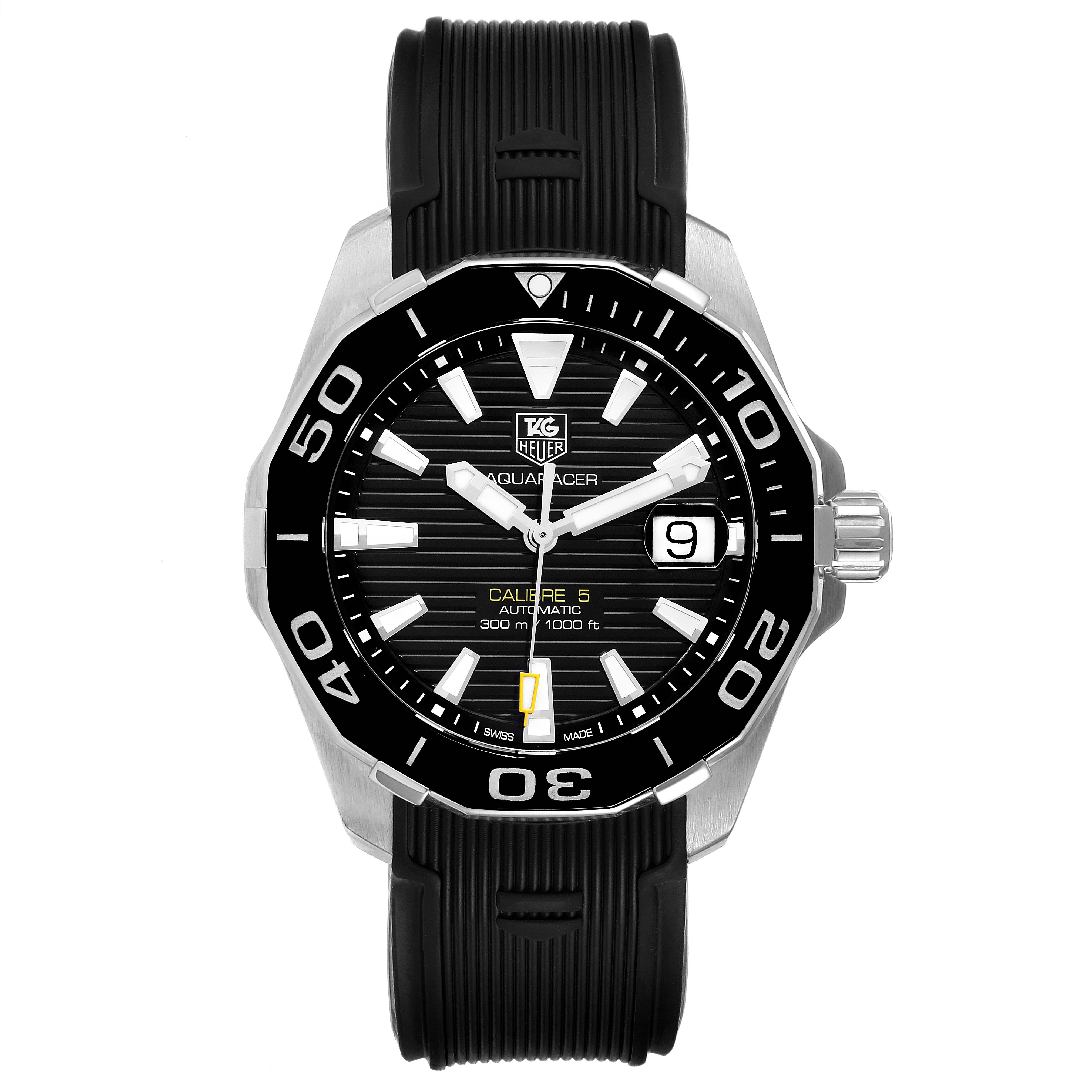 The image shows a front view of the Tag Heuer Aquaracer WAY211A Men's Stainless Steel Black Dial WAY211A Men's Stainless Steel Black Dial watch, highlighting the dial, bezel, and strap.