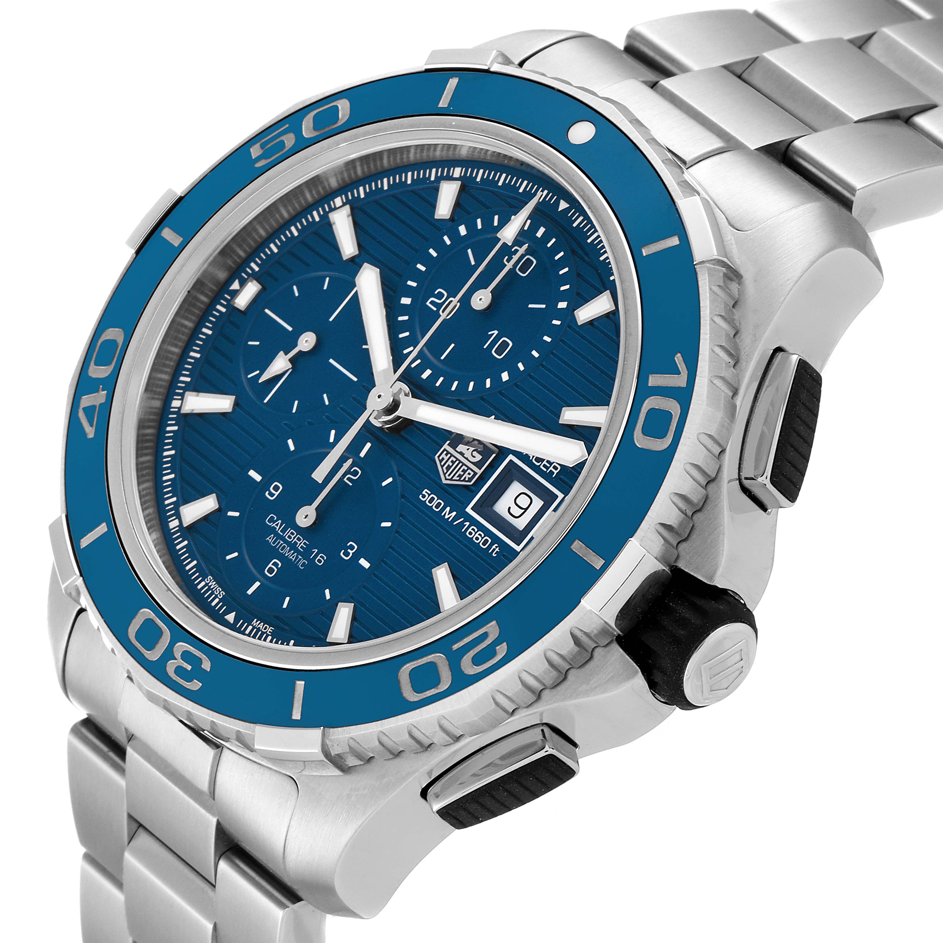 The image shows a close-up, angled view of a Tag Heuer Aquaracer CAK2112.BA0833 Men
s Stainless Steel Blue Dial CAK2112.BA0833 Men
s Stainless Steel Blue Dial watch, highlighting its blue dial, bezel, and metal bracelet.