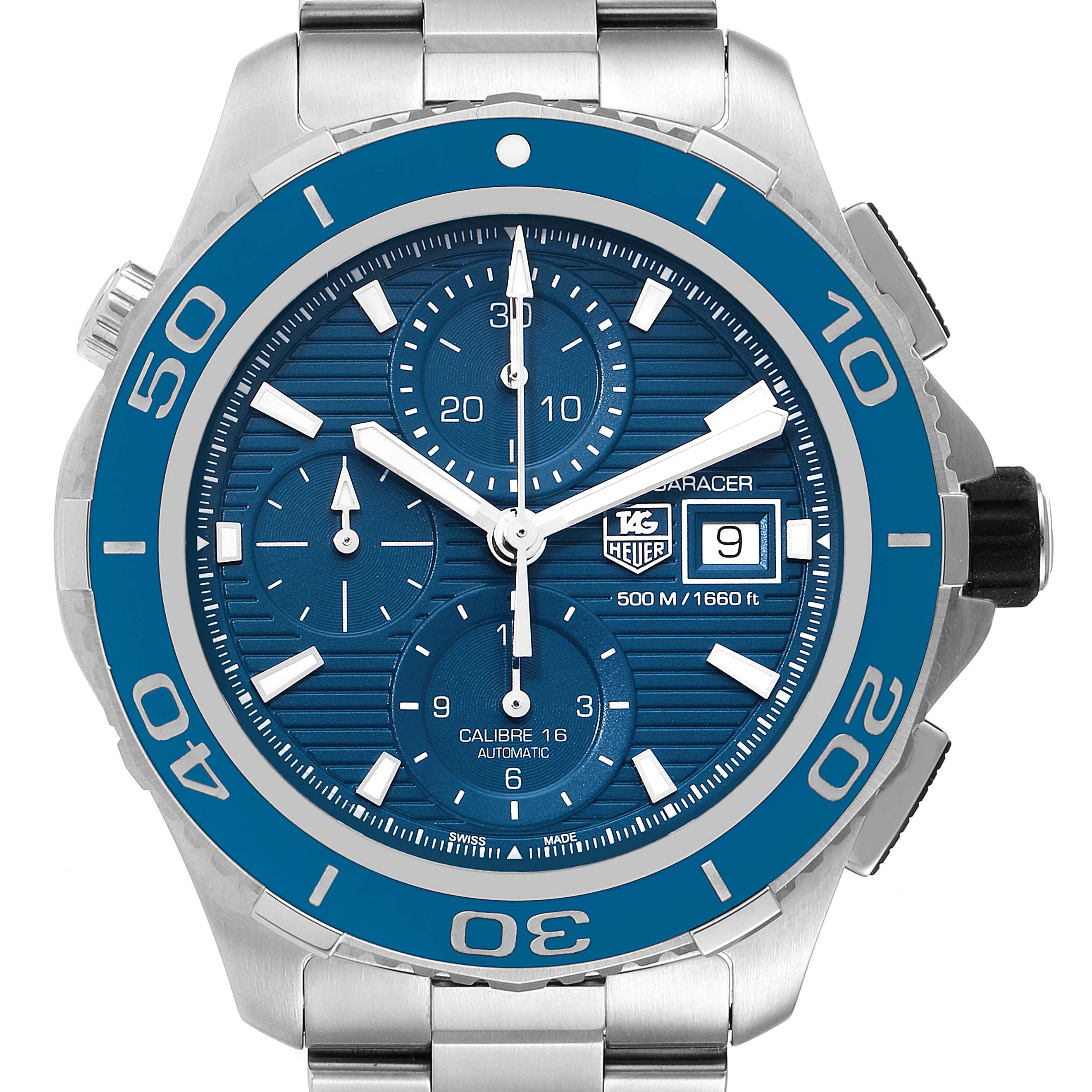 The image shows a front view of the Tag Heuer Aquaracer CAK2112.BA0833 Men
s Stainless Steel Blue Dial CAK2112.BA0833 Men
s Stainless Steel Blue Dial watch, highlighting the blue dial, chronograph subdials, and date window.