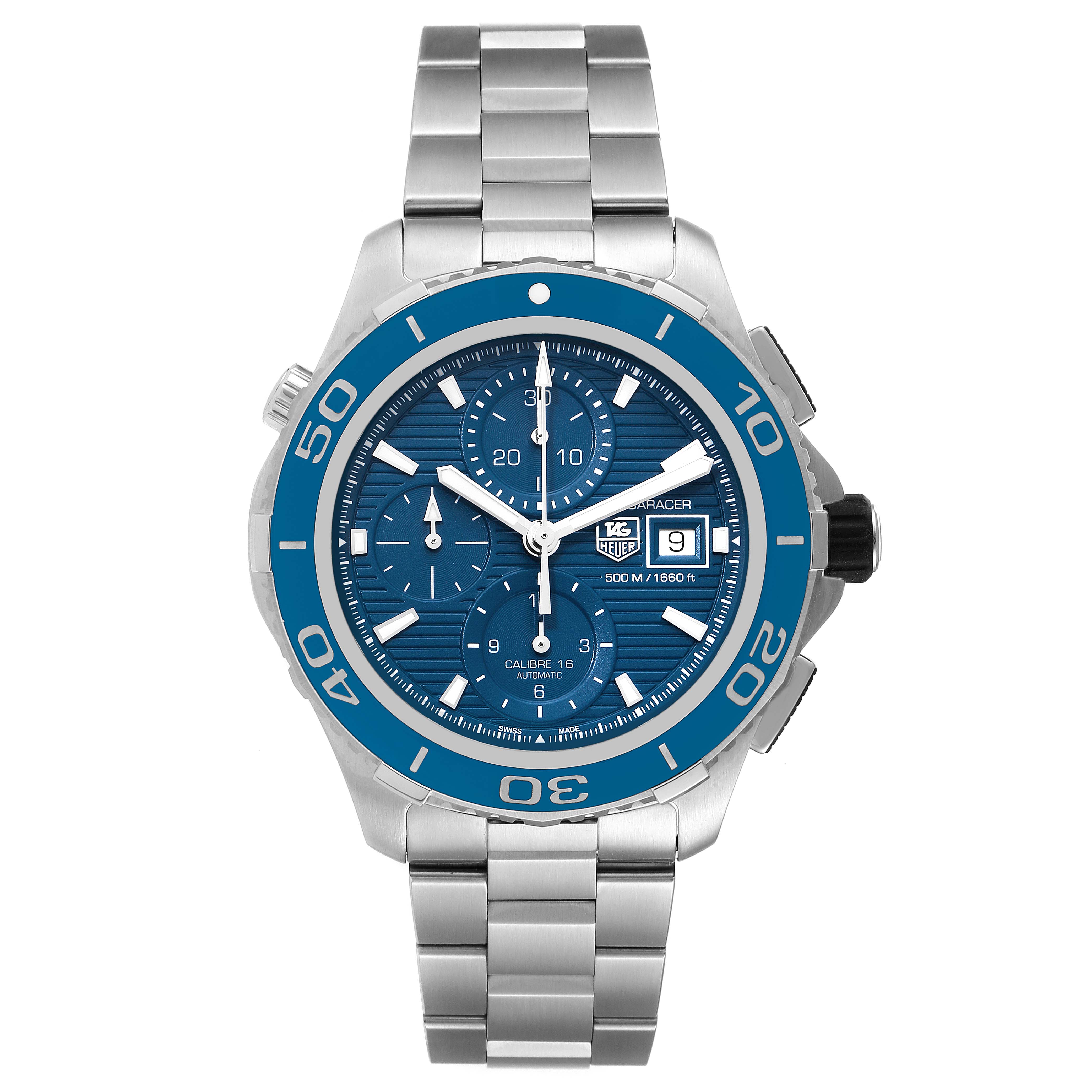 The Tag Heuer Aquaracer CAK2112.BA0833 Men
s Stainless Steel Blue Dial CAK2112.BA0833 Men
s Stainless Steel Blue Dial watch is shown from a front angle, displaying its blue dial, bezel, and stainless steel bracelet.