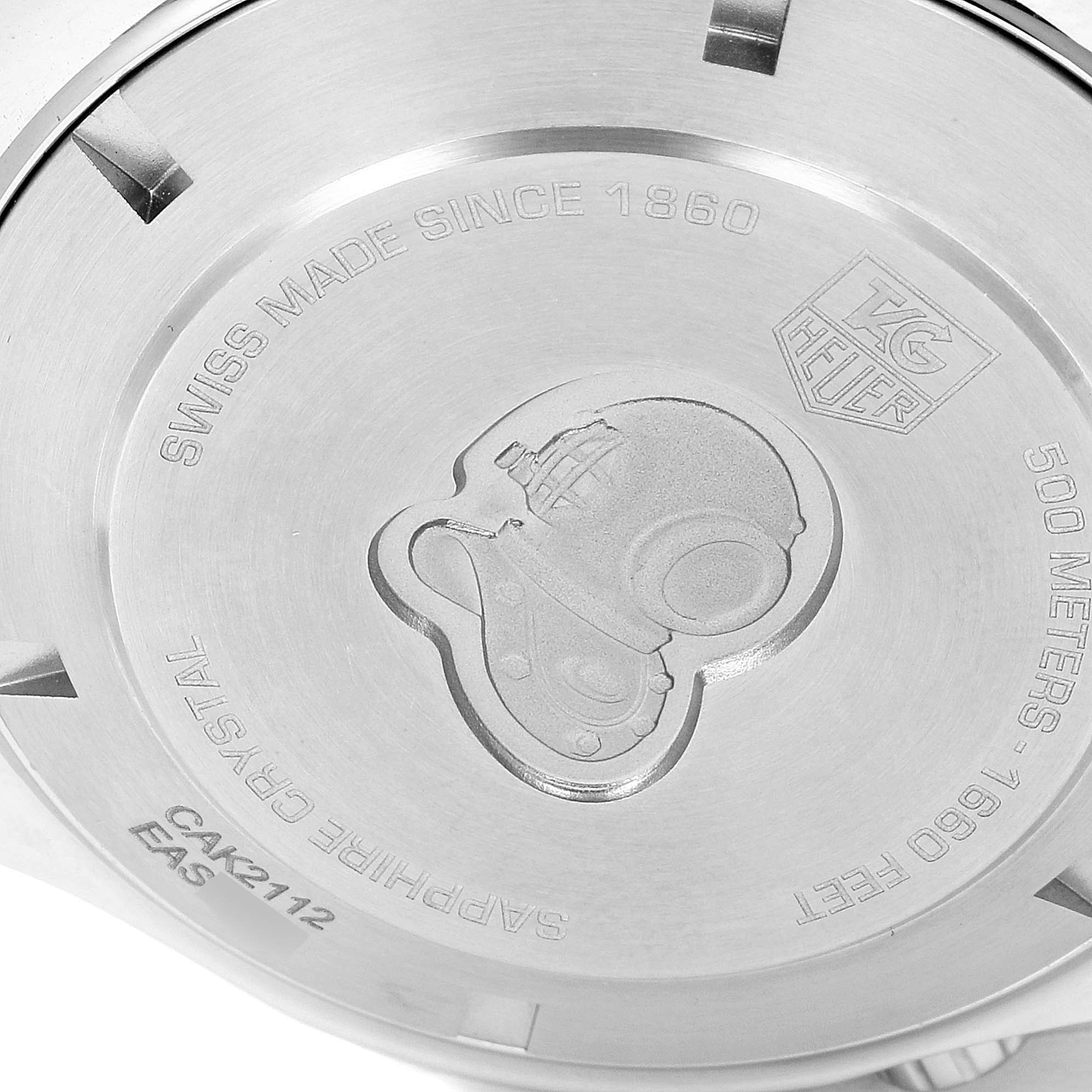 This is a close-up view of the back case of the Tag Heuer Aquaracer CAK2112.BA0833 Men
s Stainless Steel Blue Dial CAK2112.BA0833 Men
s Stainless Steel Blue Dial watch.