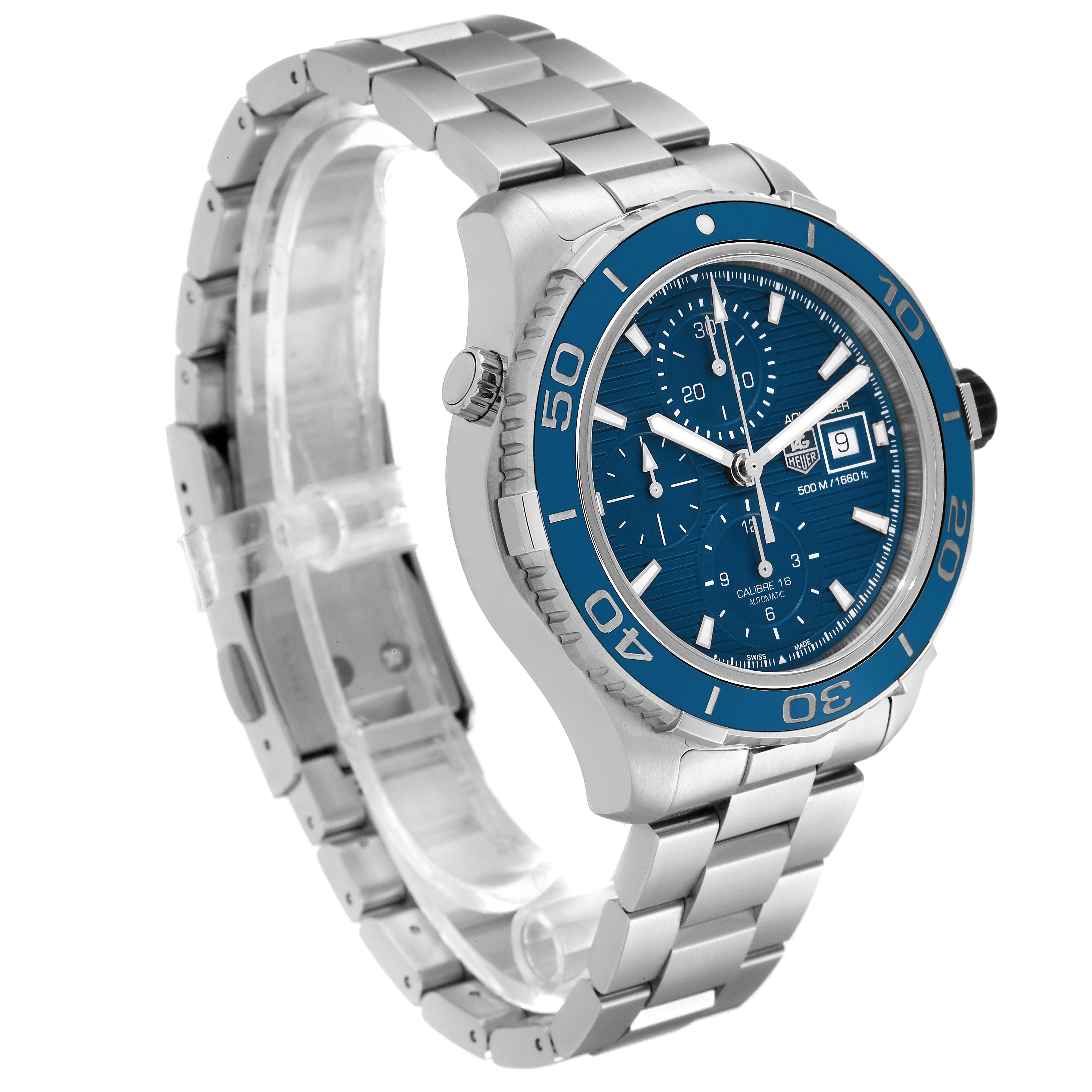This Tag Heuer Aquaracer CAK2112.BA0833 Men
s Stainless Steel Blue Dial CAK2112.BA0833 Men
s Stainless Steel Blue Dial watch is shown angled from the front-left, displaying its blue dial, bezel, and metal bracelet.