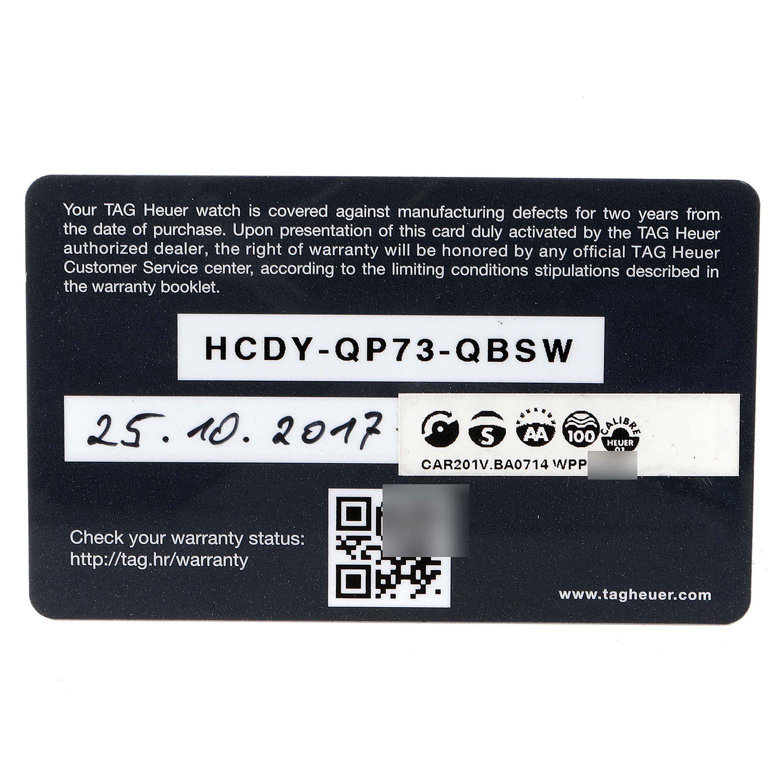 This image shows the warranty card for a Tag Heuer Carrera CAR201V.BA0714 Men
s Stainless Steel Black Dial CAR201V.BA0714 Men
s Stainless Steel Black Dial model watch.