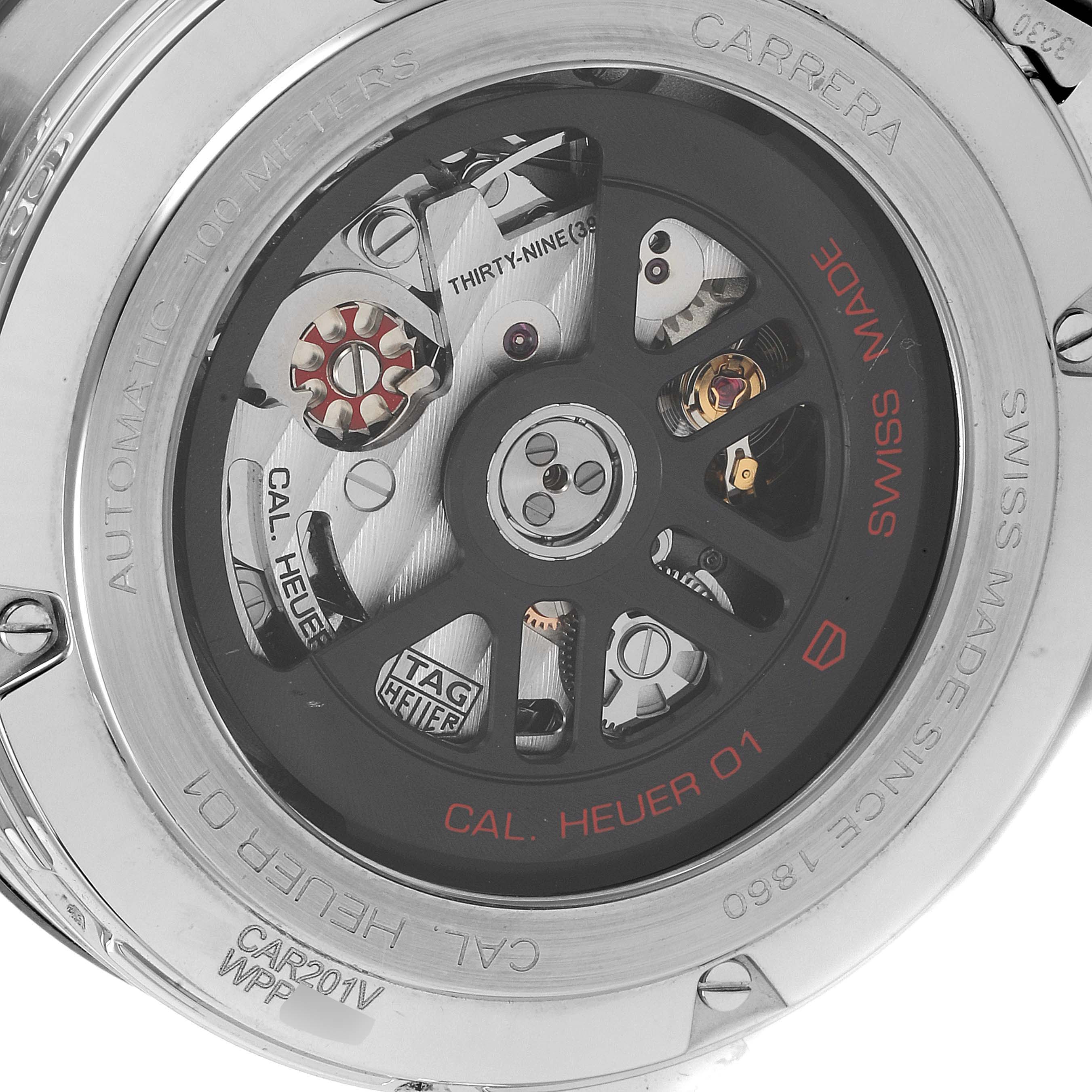 The image shows the back view of a Tag Heuer Carrera CAR201V.BA0714 Men
s Stainless Steel Black Dial CAR201V.BA0714 Men
s Stainless Steel Black Dial watch, revealing its automatic movement and inner mechanisms.