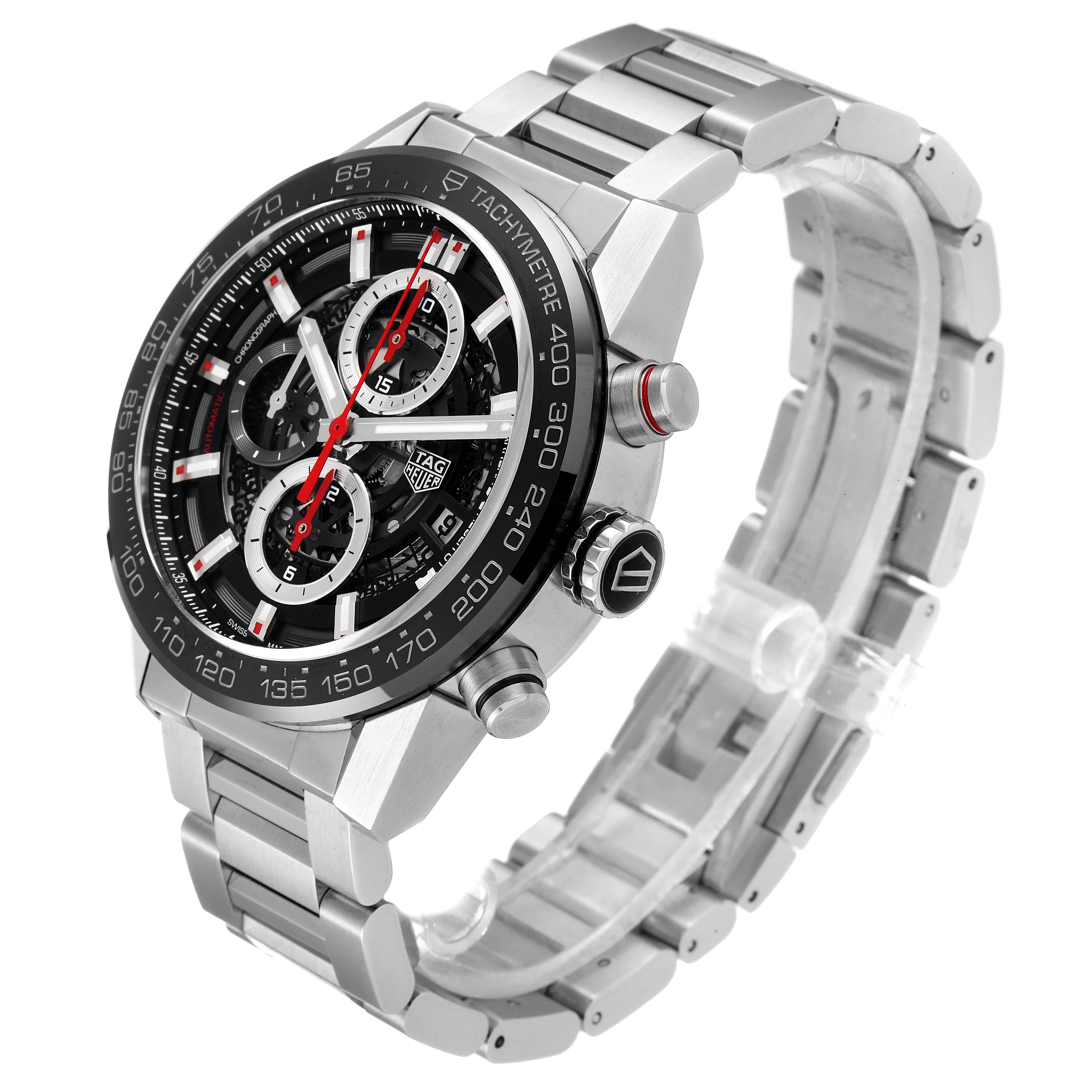 This image shows a Tag Heuer Carrera CAR201V.BA0714 Men
s Stainless Steel Black Dial CAR201V.BA0714 Men
s Stainless Steel Black Dial watch from a three-quarter angle, highlighting the stainless steel bracelet, dial, and chronograph buttons.