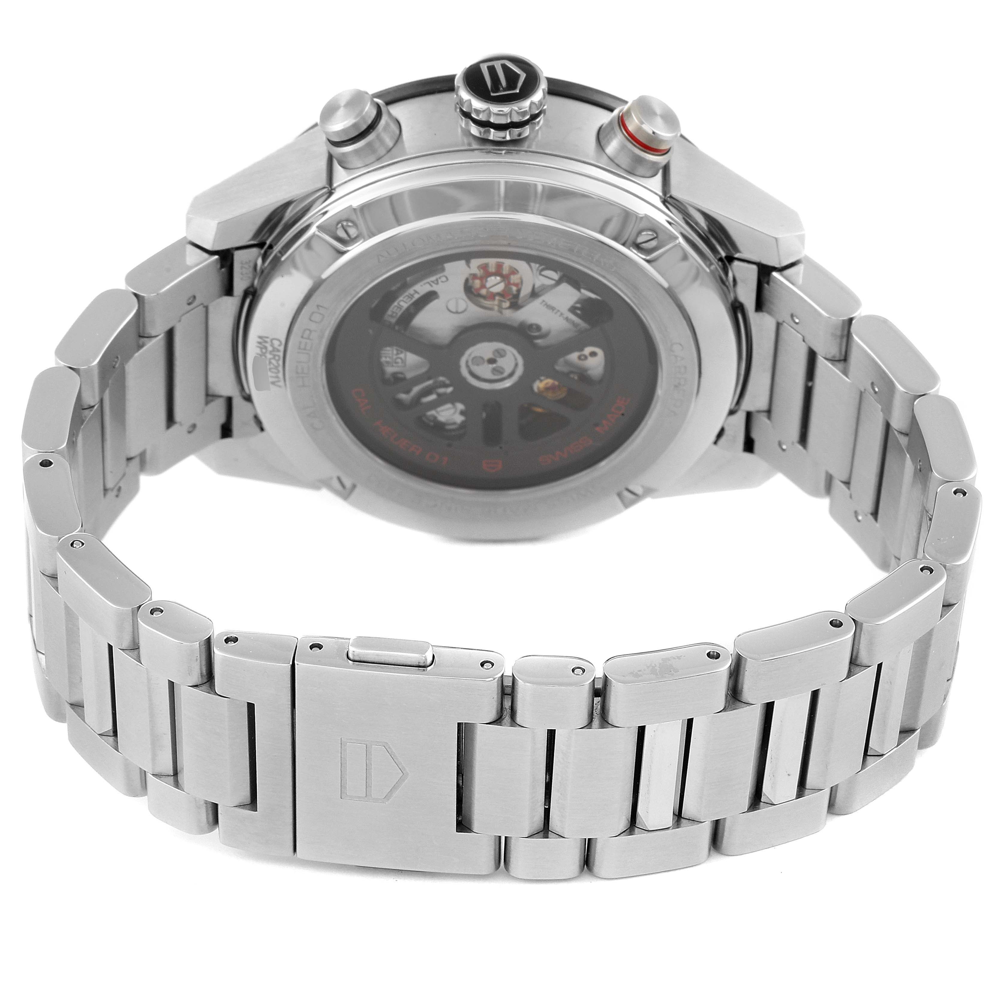 The image shows the back view of a Tag Heuer Carrera CAR201V.BA0714 Men
s Stainless Steel Black Dial CAR201V.BA0714 Men
s Stainless Steel Black Dial watch, highlighting the case back, bracelet, and clasp.