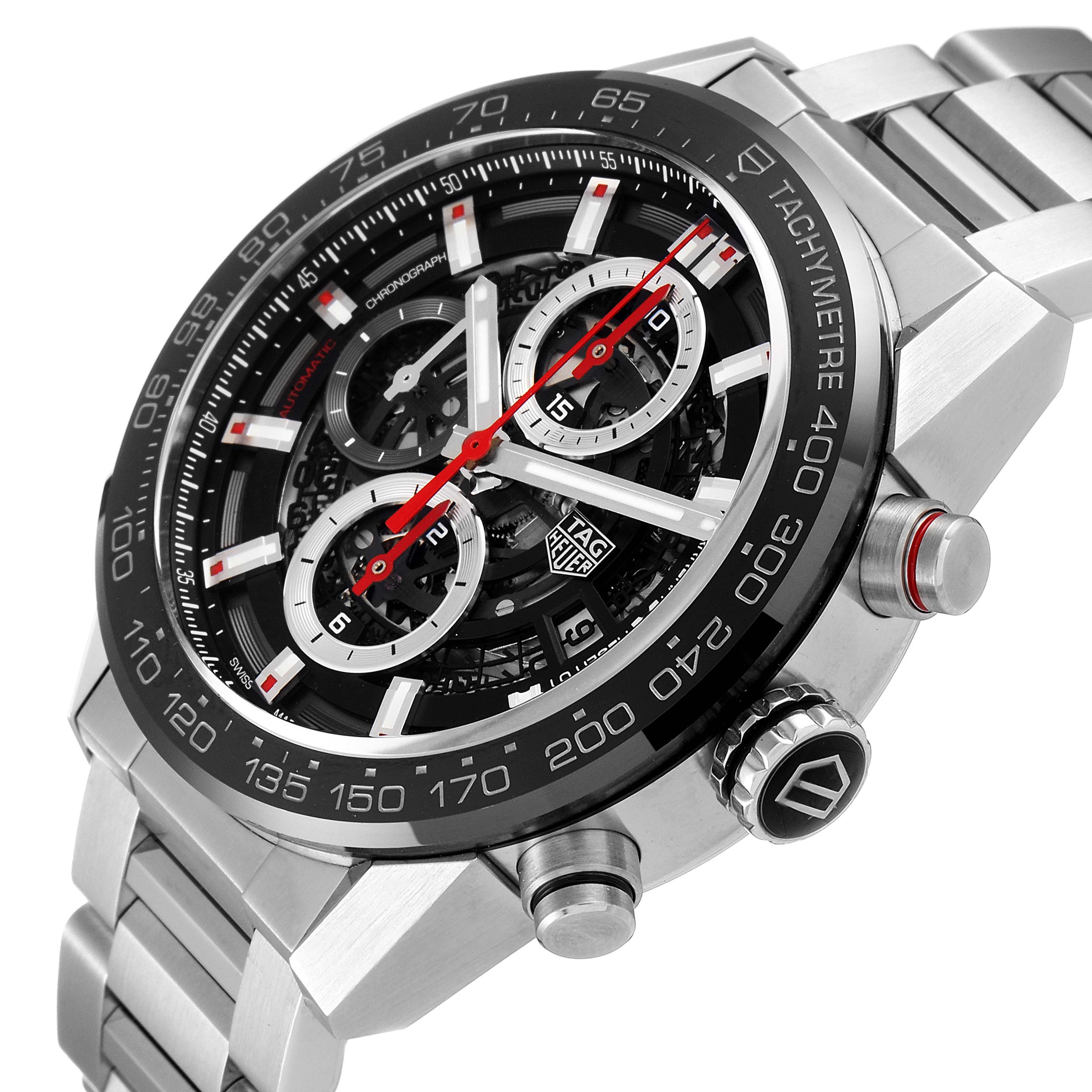 This image shows a high-angle view of a Tag Heuer Carrera CAR201V.BA0714 Men
s Stainless Steel Black Dial CAR201V.BA0714 Men
s Stainless Steel Black Dial watch, highlighting the face, bezel, crown, and bracelet.