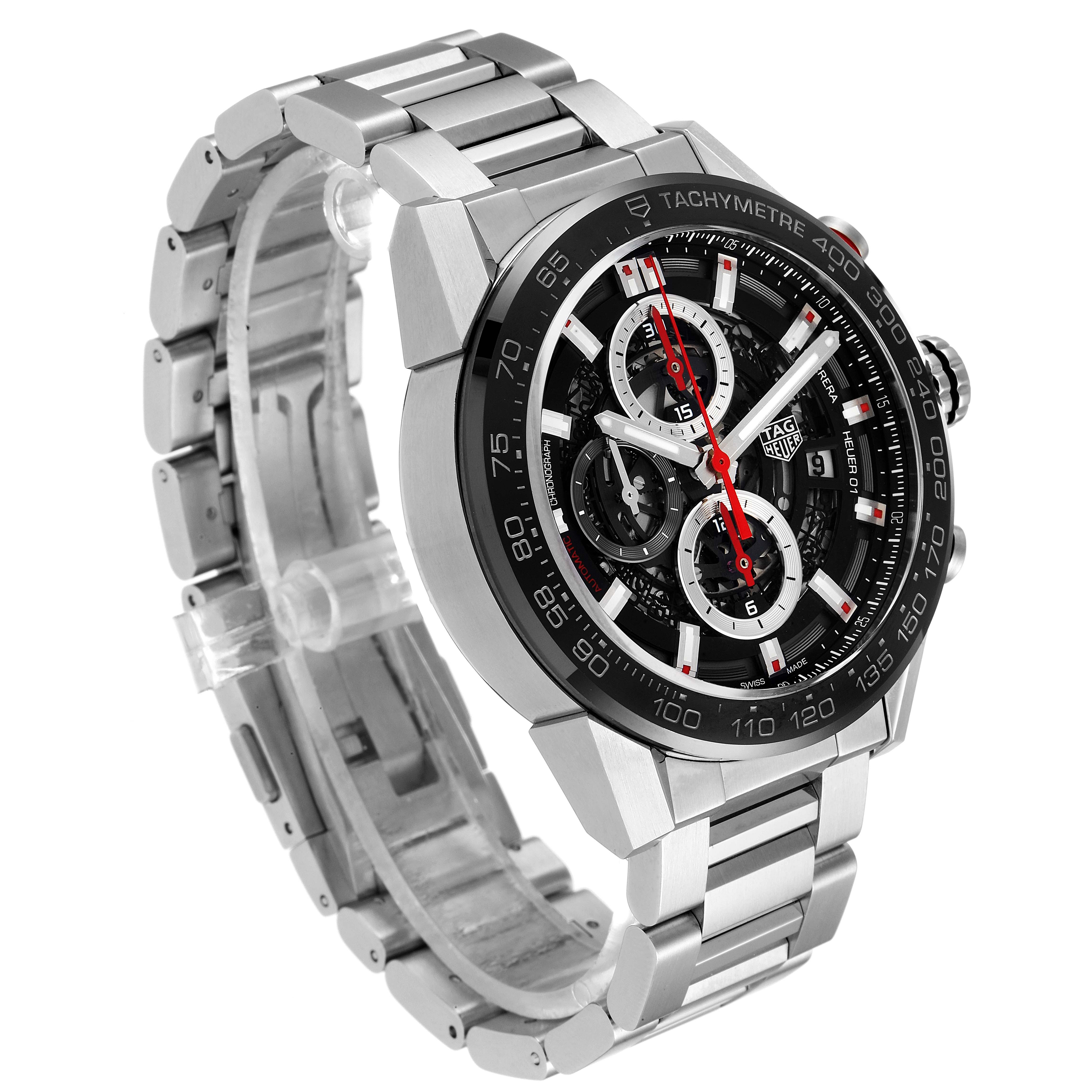 The Tag Heuer Carrera CAR201V.BA0714 Men
s Stainless Steel Black Dial CAR201V.BA0714 Men
s Stainless Steel Black Dial watch is shown at a slight angle, highlighting its face, bezel, crown, and metal bracelet.